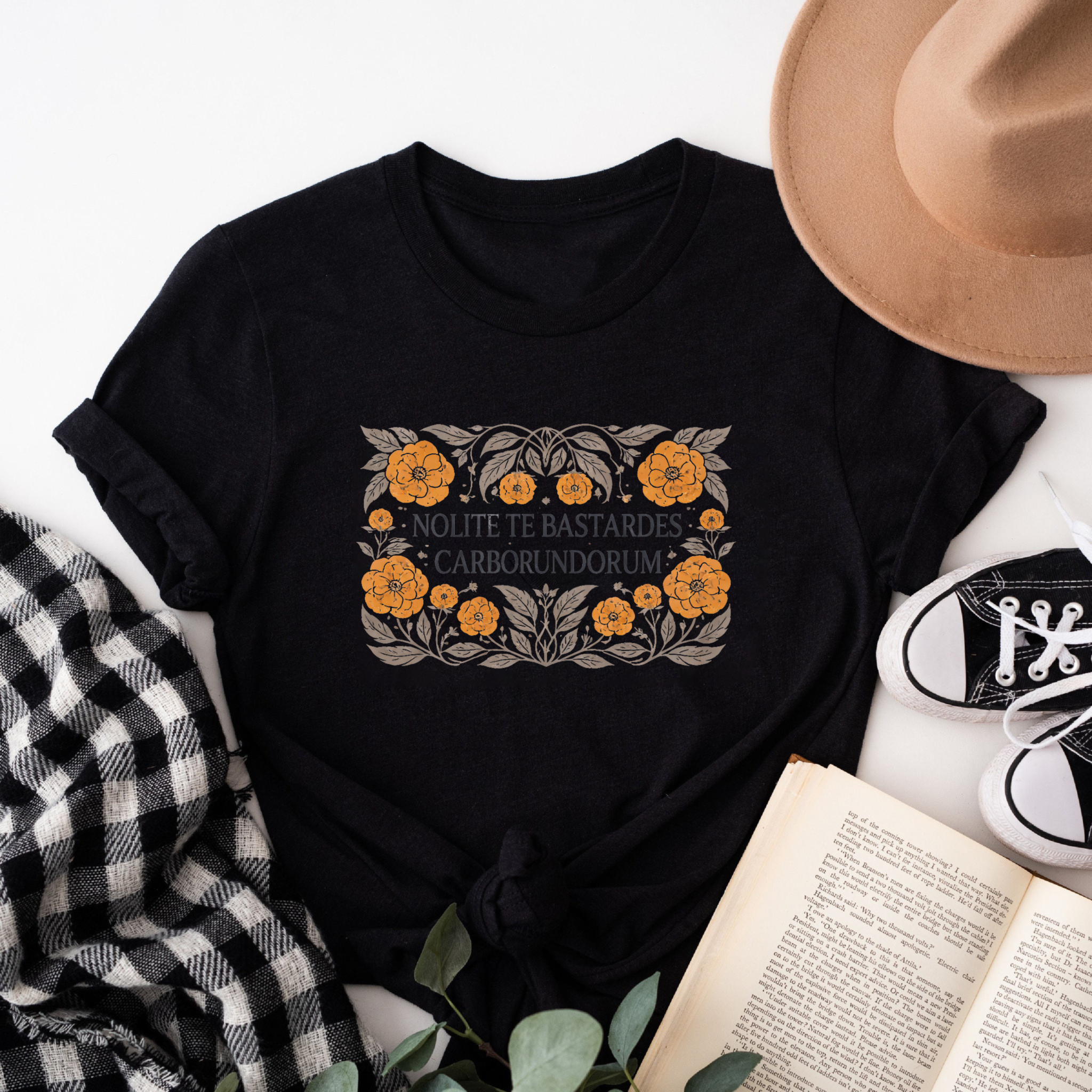 Clottya Floral And Latin Text Design T-shirt Autumn And Winter Wear