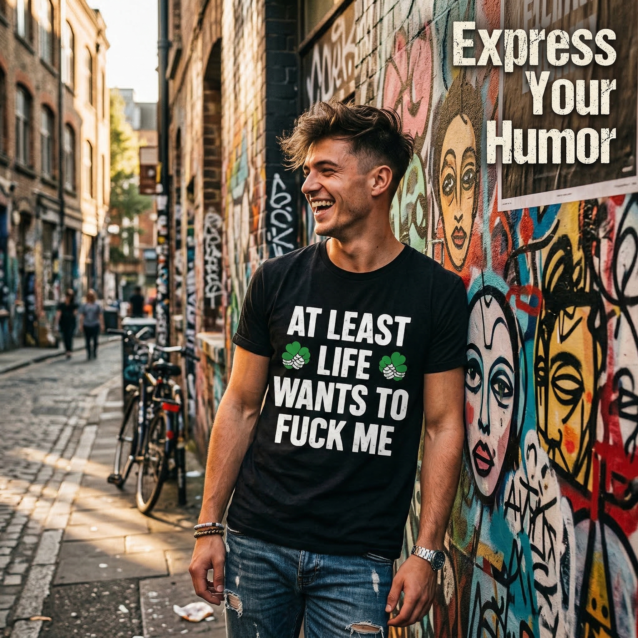 TEECURENT St. Patrick's Day Funny T-Shirt for Men Women, At Least Life Wants To F Me Shamrock Graphic Tee, Irish Humor Novelty Gift Top