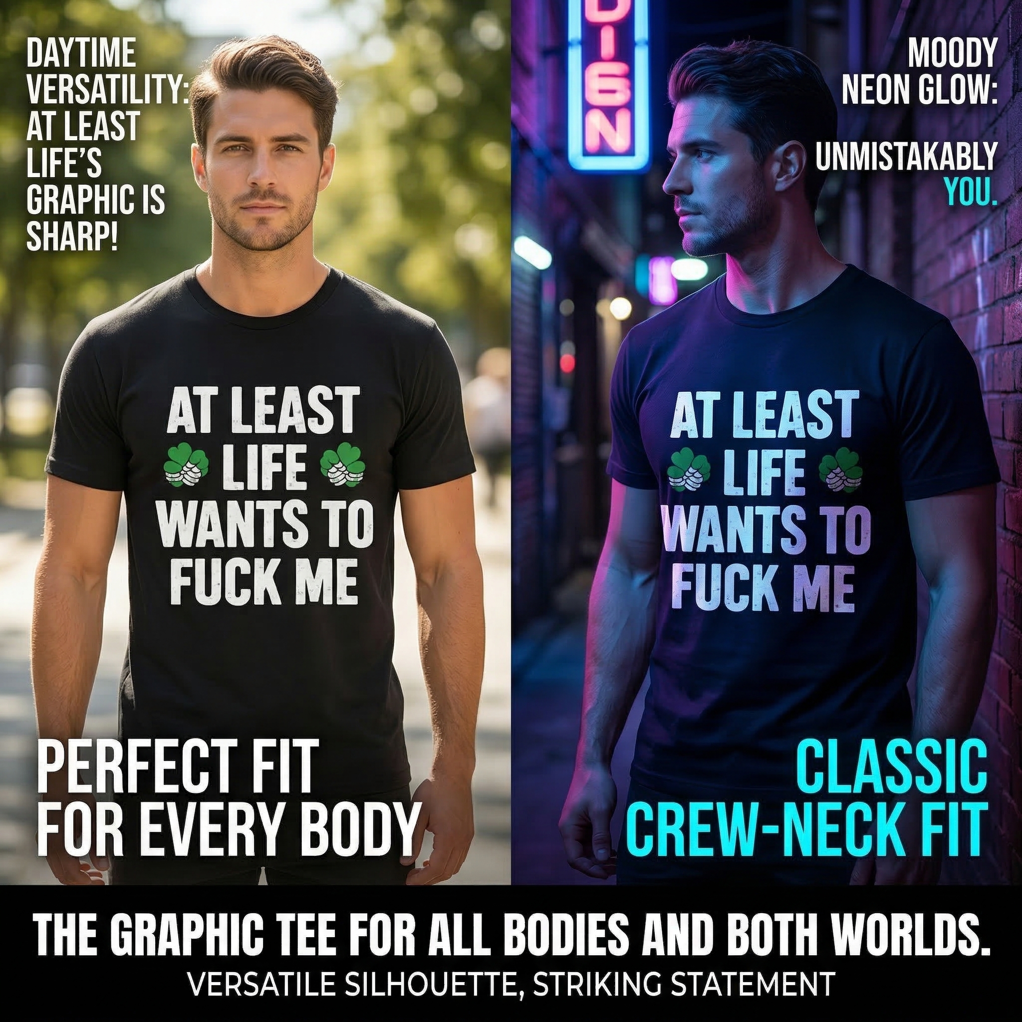 TEECURENT St. Patrick's Day Funny T-Shirt for Men Women, At Least Life Wants To F Me Shamrock Graphic Tee, Irish Humor Novelty Gift Top