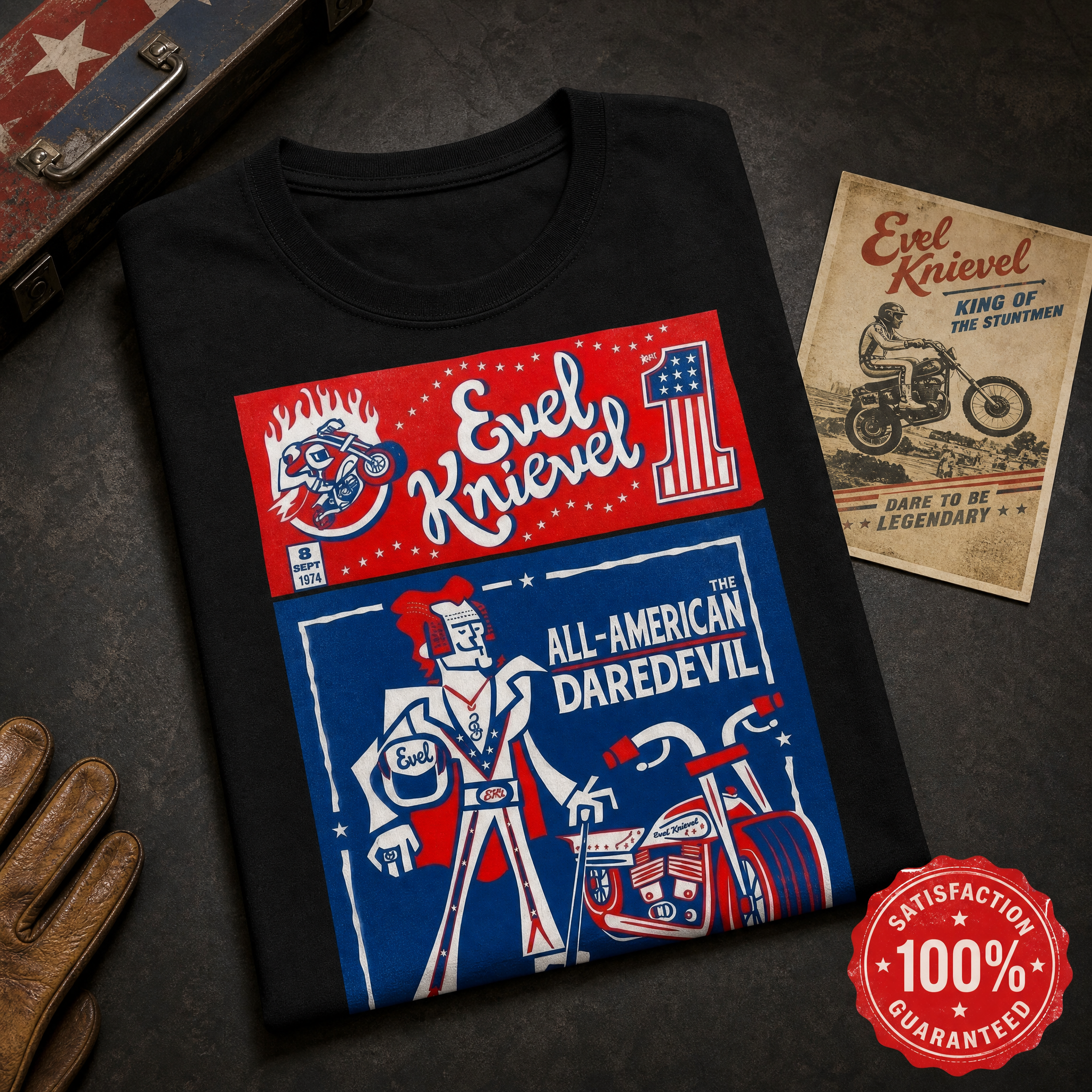 All American Daredevil Vintage Style Graphic T-Shirt Casual Top Retro Motorcycle Stunt Rider Design Cotton T-Shirt