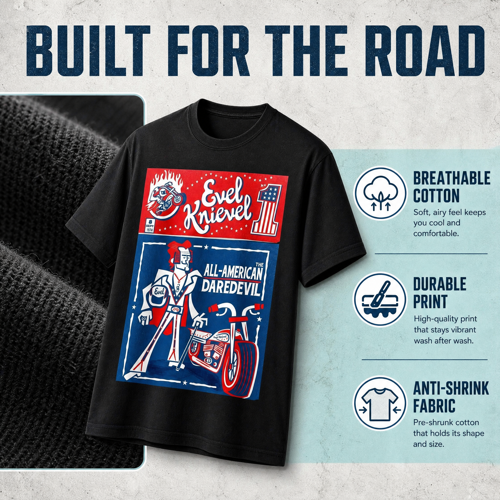 All American Daredevil Vintage Style Graphic T-Shirt Casual Top Retro Motorcycle Stunt Rider Design Cotton T-Shirt