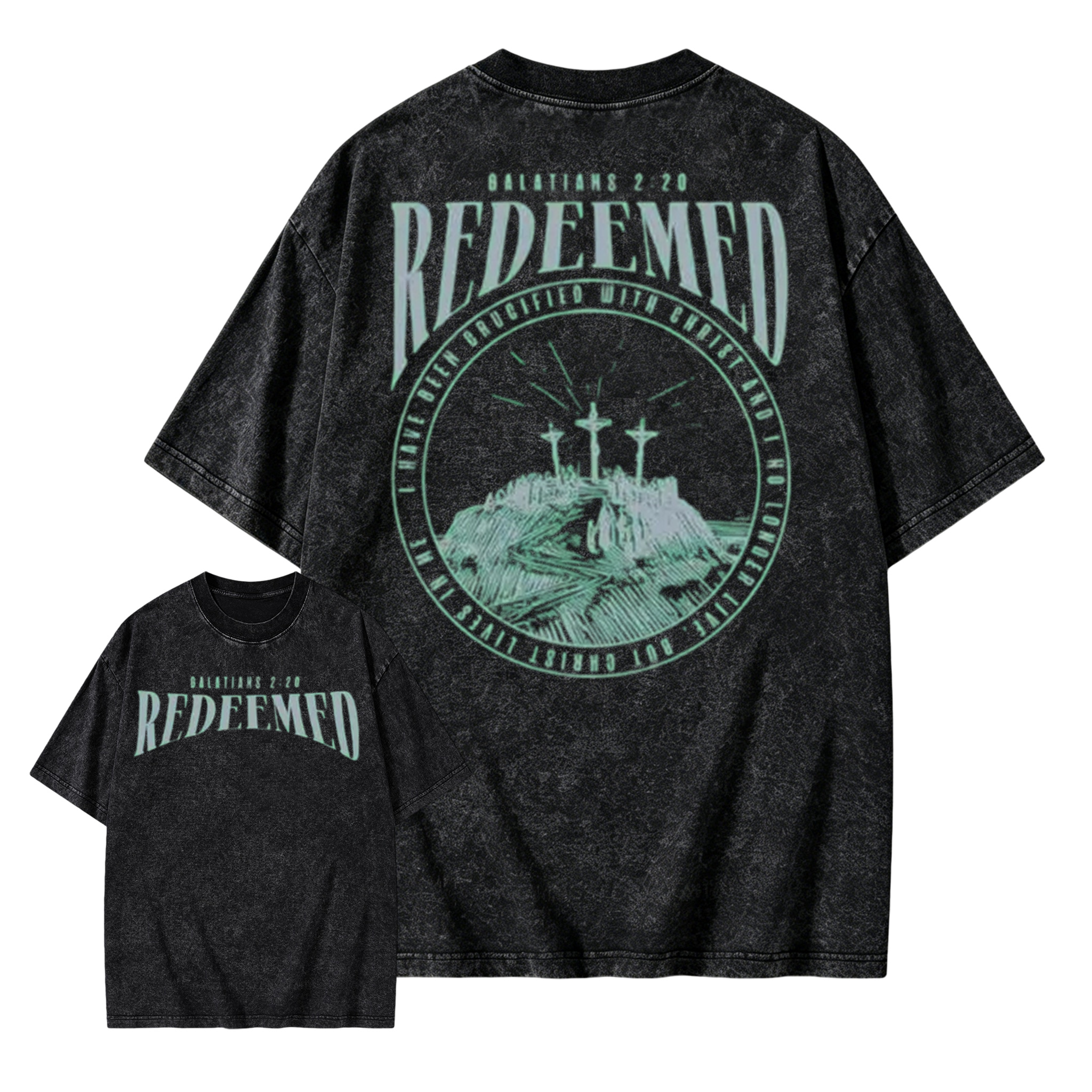 Washed Short Sleeved Double-Sided Printed T-Shirt, 100% Pure Cotton, Printed With "Redemption Christianity". Retro Hip-Hop Style