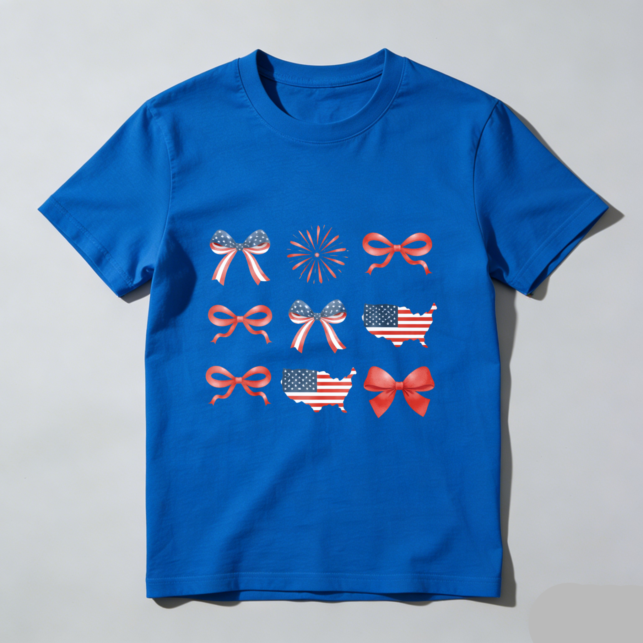 TEECURENT Patriotic Usa Flag Bow Fireworks Map T Shirt Independence Day Celebration Apparel WOMEN