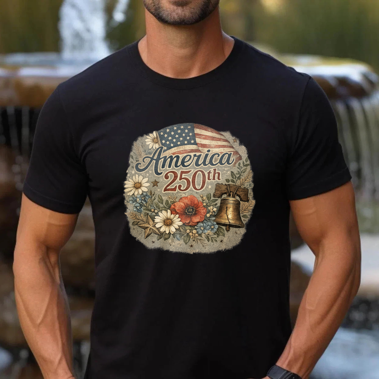 America 250th Anniversary Independence Day Patriotic T Shirt With American Flag Liberty Bell And Flowers Design