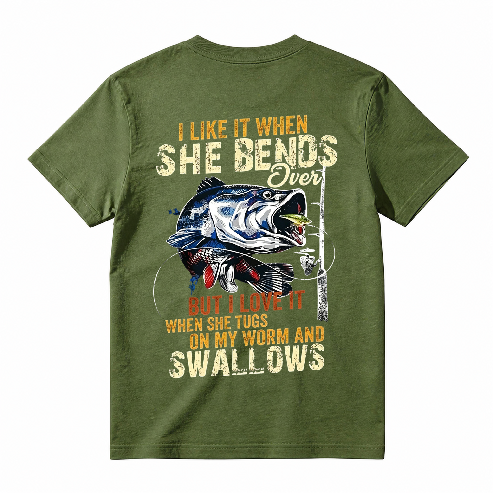 Funny Fishing Gifts, I Like When She Bends Over But I Love It When She Tugs On My Worm And Swallows T-Shirt, Lagermouth bass fishing for men