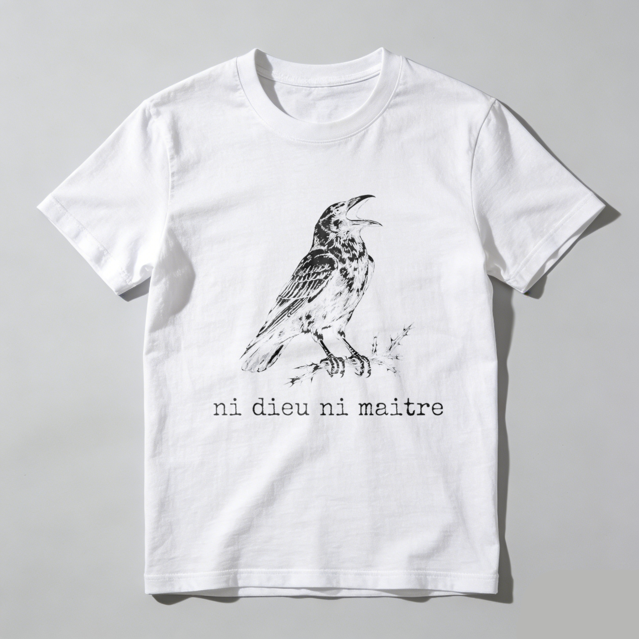 TEECURENTBlack T Shirt With Raven And Ni Dieu Ni Maitre Text For Men And Women-TeeCurent