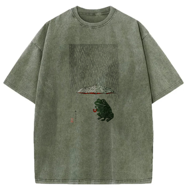 Frog Under Umbrella In Rainy Scene tshirt 100% cotton