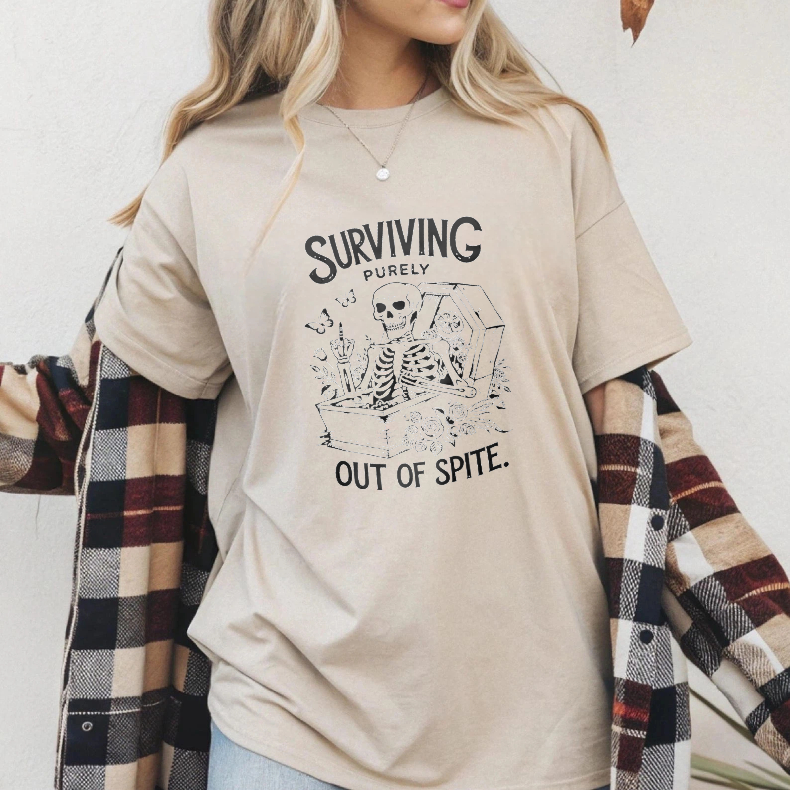 TEECURENT Surviving Purely Out Of Spite Skeleton In Coffin Graphic T-Shirt WOMEN