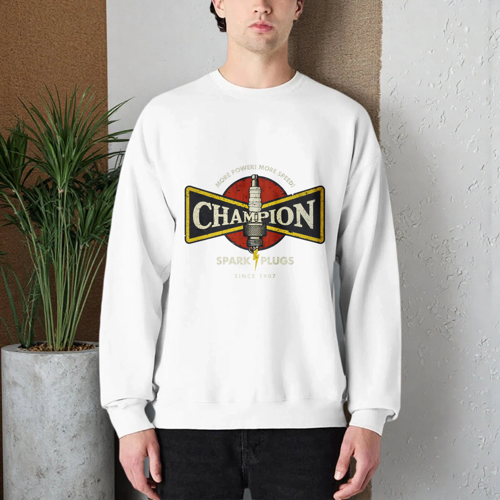 TEECURENT Champion Spark Plugs Sweatshirt Black Vintage Automotive Logo Crewneck Pullover Sweatshirt For Men Women Unisex Streetwear Casual Top
