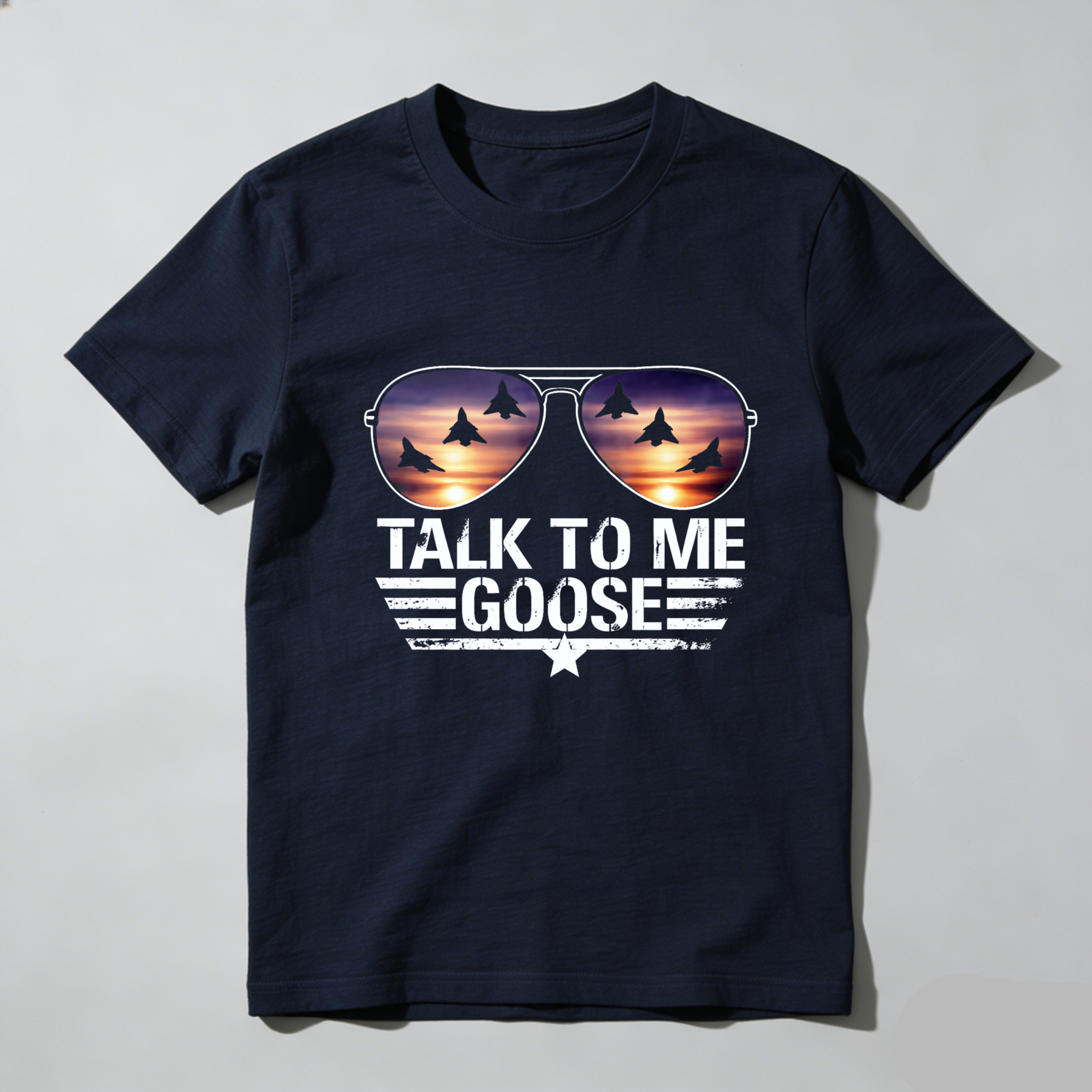 TEECURENTTalk To Me Goose Aviator Sunglasses T-Shirt With Fighter Jets Sunset Design Black Men Women Top-TeeCurent