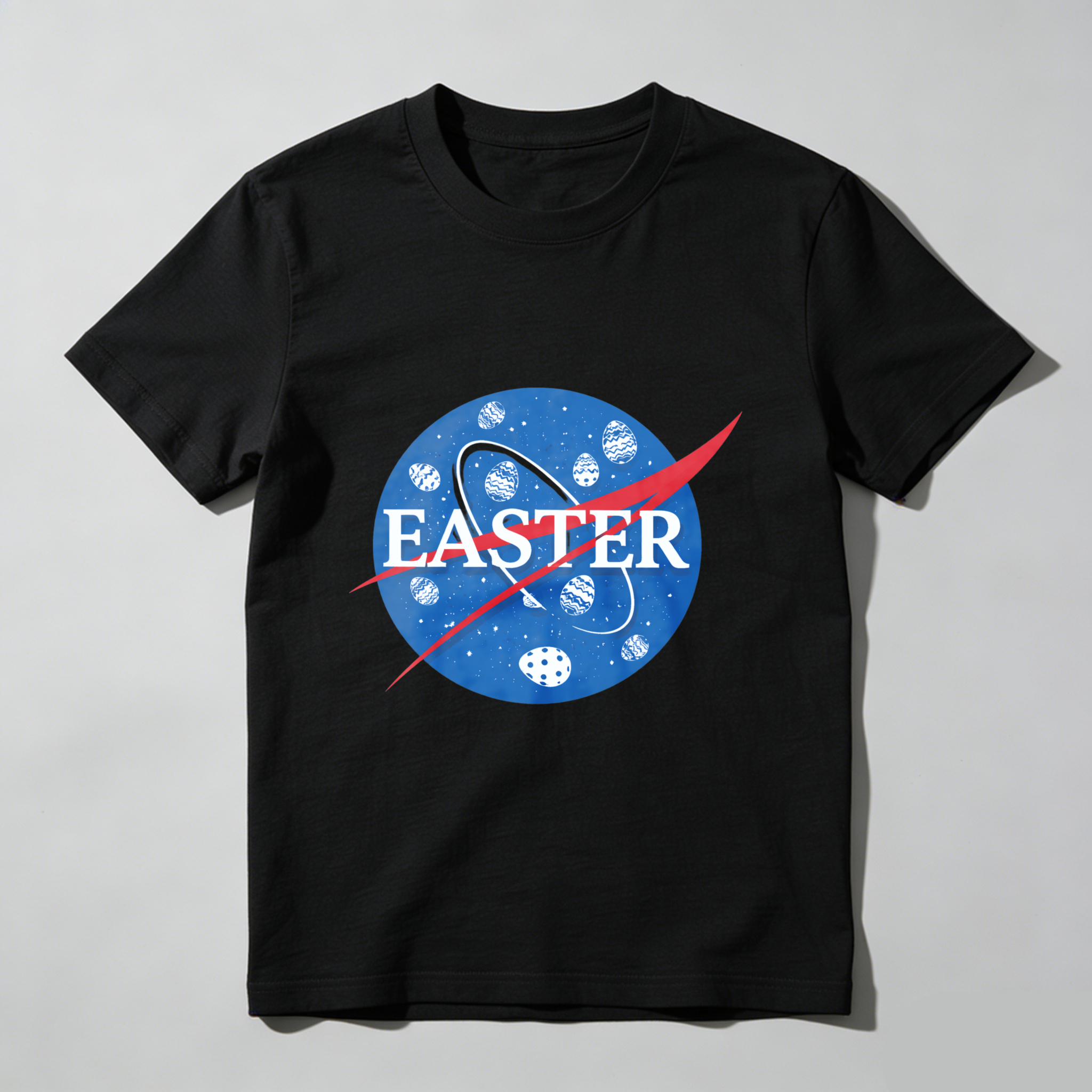 TEECURENT Easter Space Theme T-Shirt With Egg Pattern And Nasa Style Logo Design For Easter Celebration