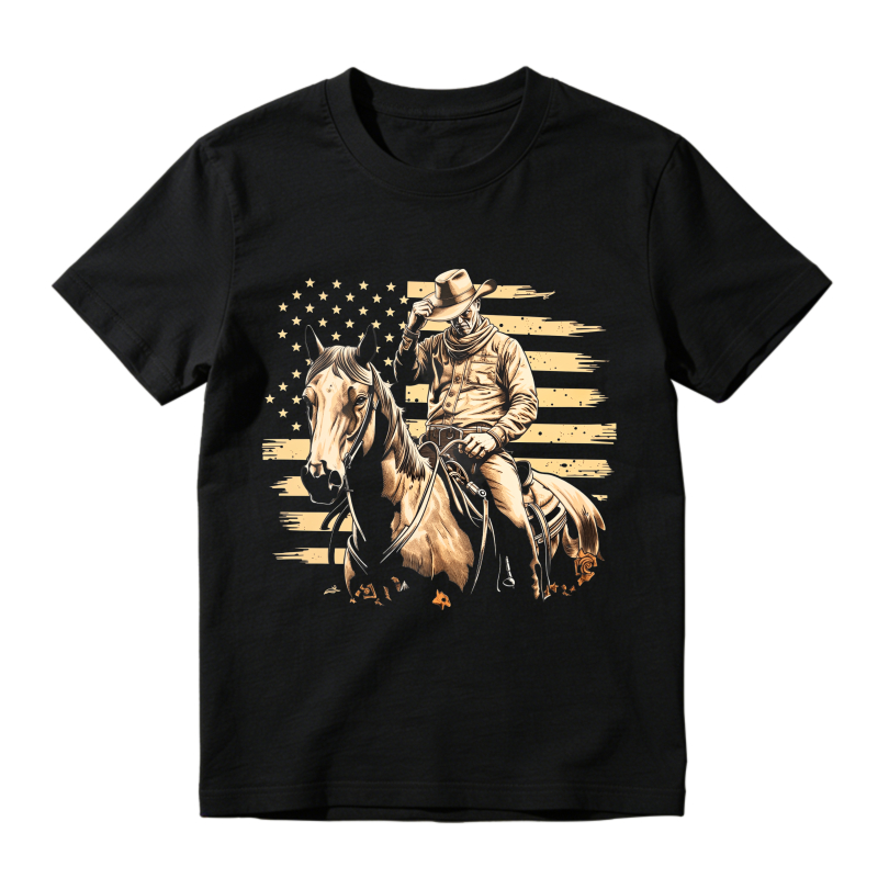 Cowboy Riding Horse With American Flag Background T-shirt