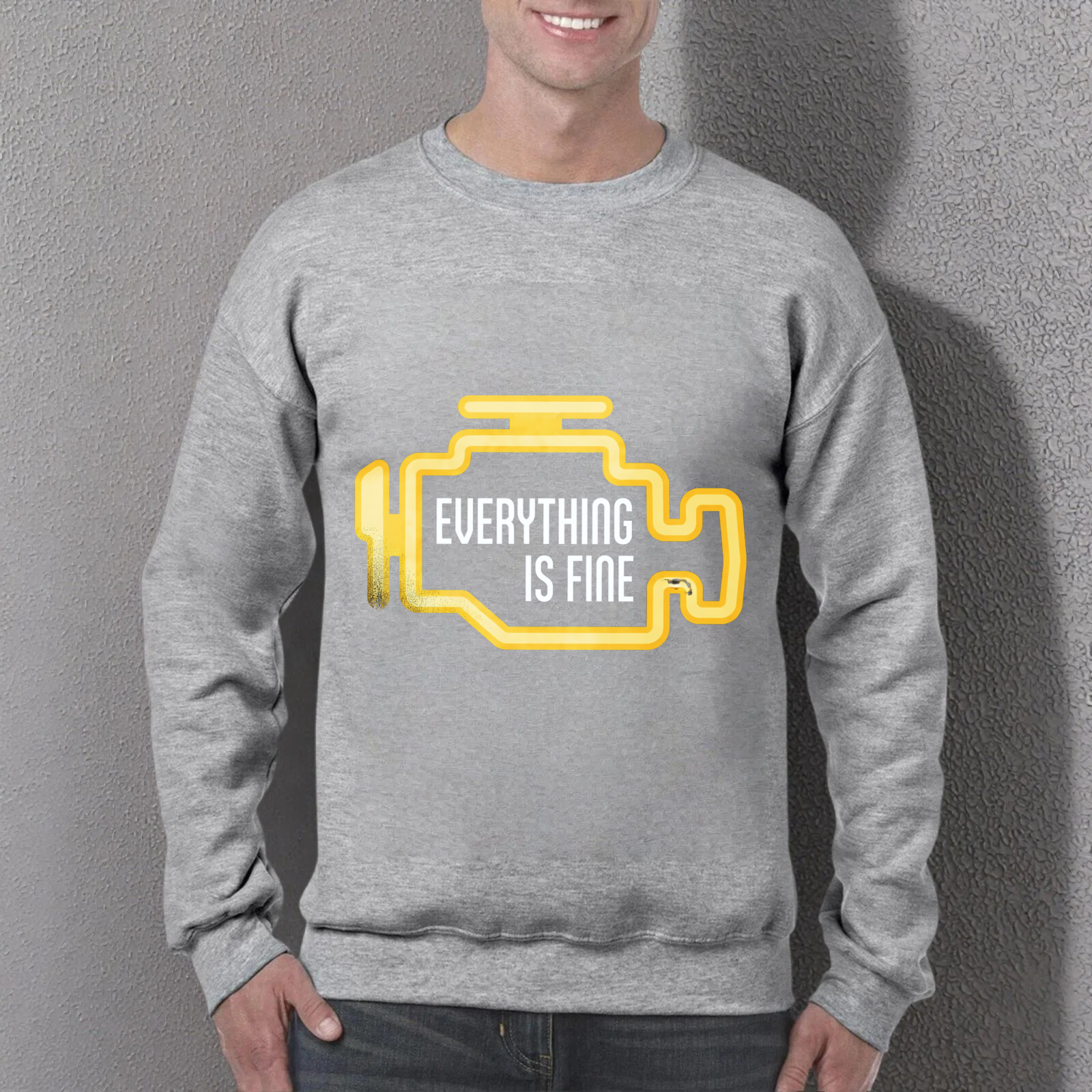 TEECURENT Everything Is Fine Sweatshirt Black With Yellow Graphic Design Casual Crewneck Pullover For Men Women Unisex Fashion Statement Top