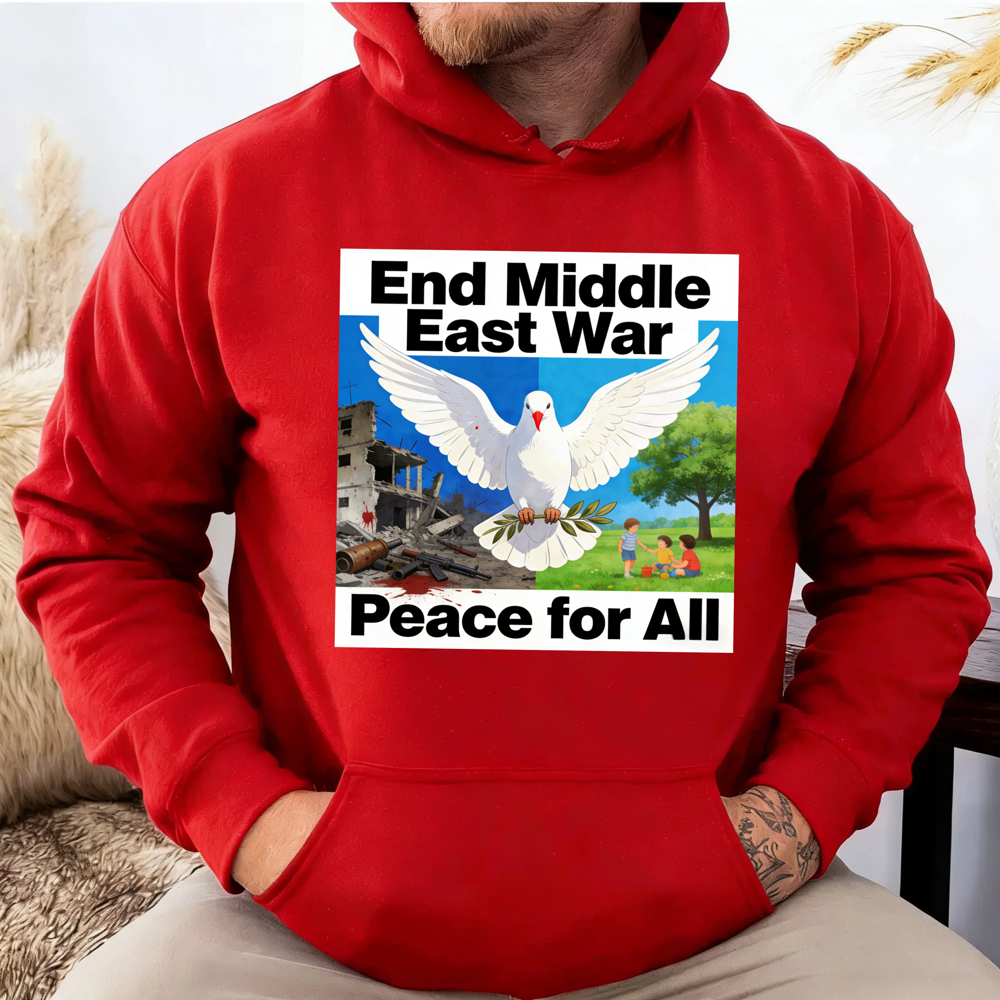 TEECURENT End Middle East War Peace For All Hoodie With Dove And Olive Branch Graphic Design For Peace Advocacy And Awareness