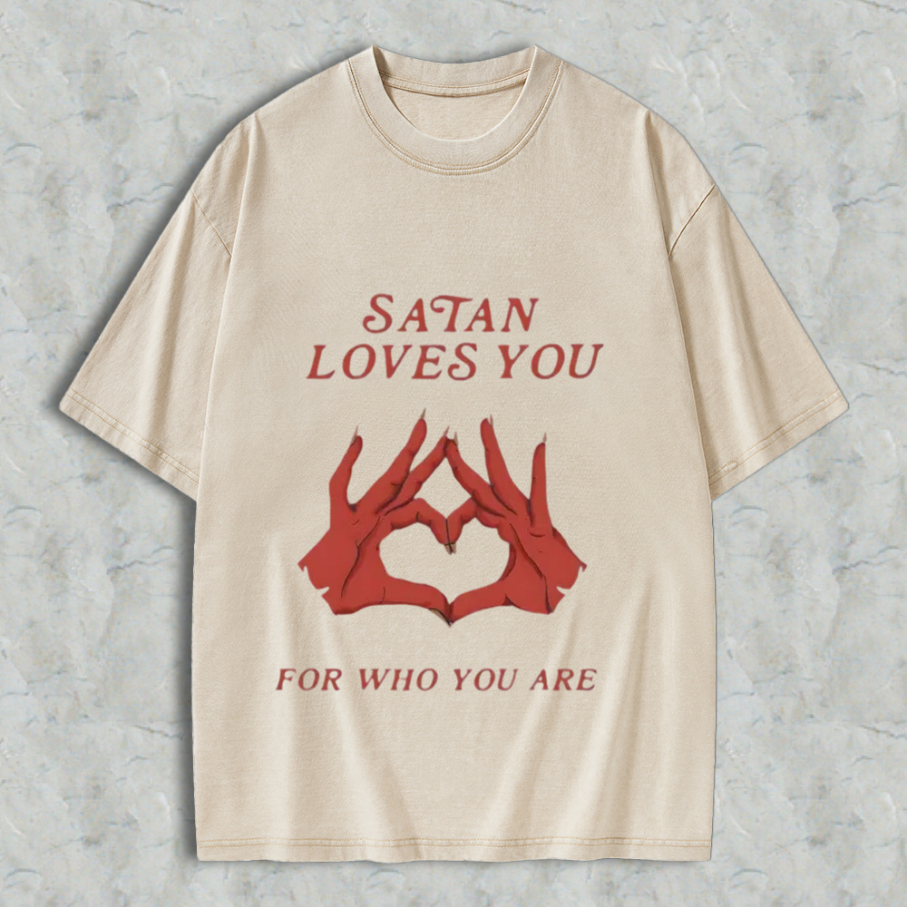 Men's Round Neck Short-Sleeve T-Shirt, Retro Edgy "Satan Loves You" Graphic Print, Loose Fit Distressed Menswear