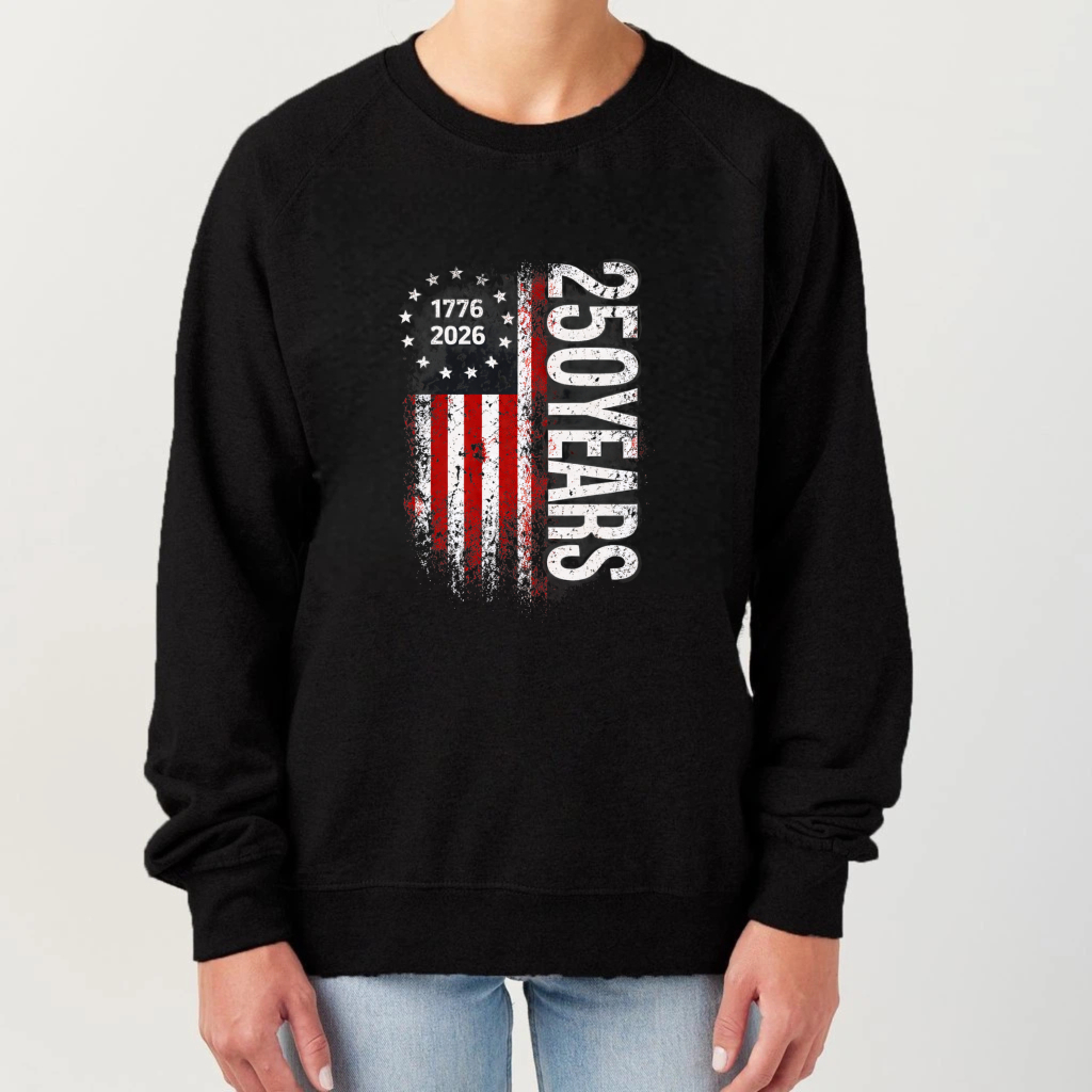 250 Years American Flag 1776 2026 Independence Day Usa Patriotic Sweatshirt Black Crewneck Long Sleeve Unisex Top
