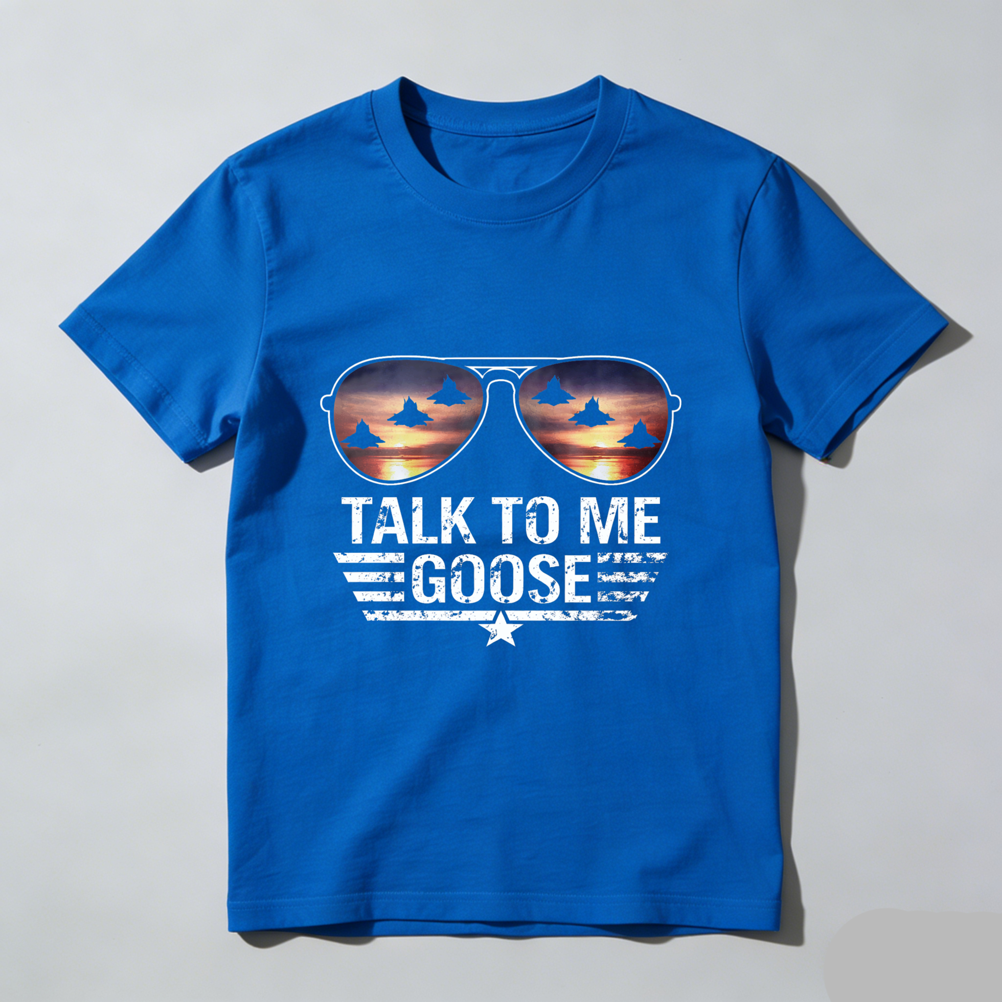 TEECURENT Talk To Me Goose Aviator Sunglasses T-Shirt Top With Jet Fighters Sunset Design For Men And Women