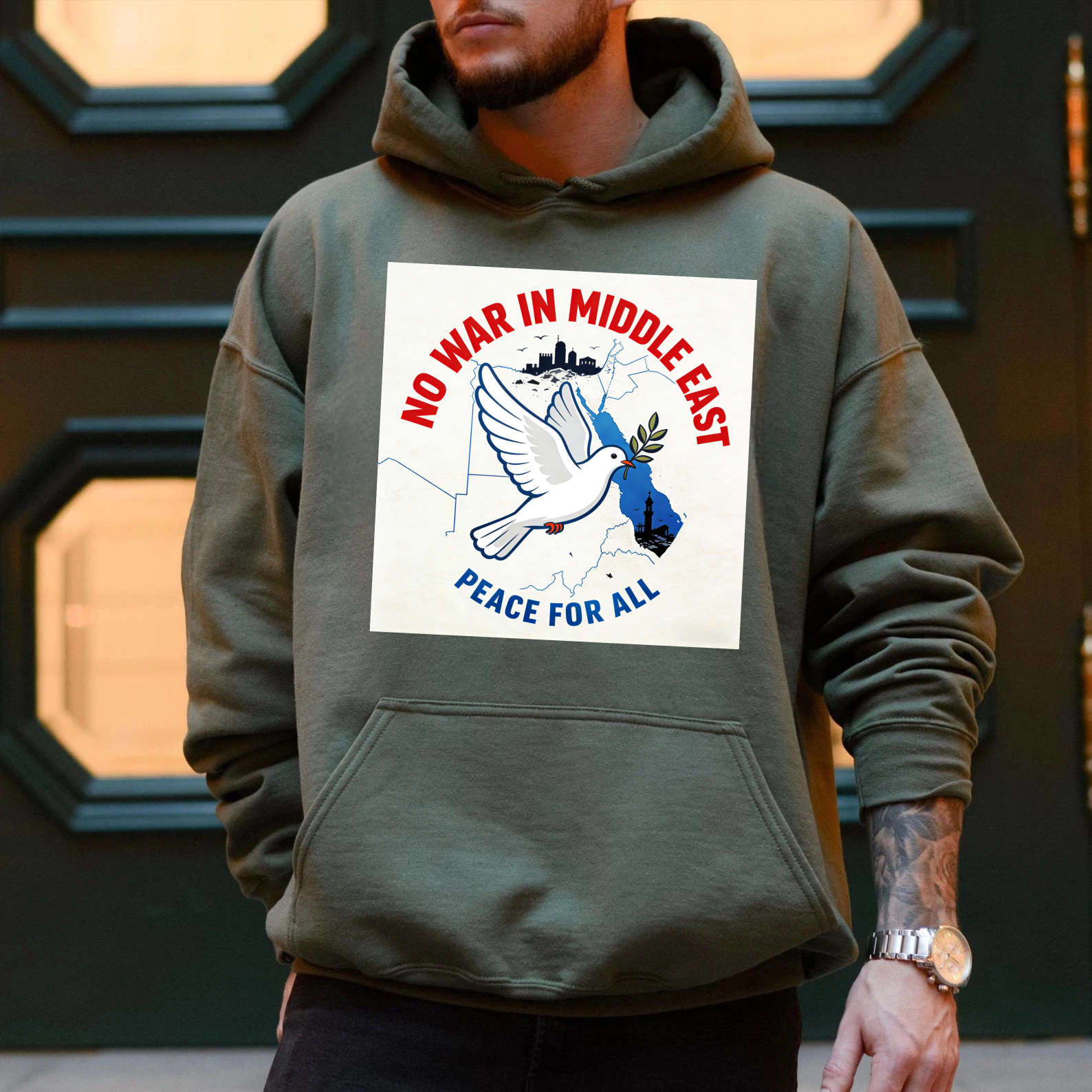 TEECURENT No War In Middle East Peace For All Hoodie Anti War Message Sweatshirt For Men Women Unisex Pullover With Dove And Olive Branch Design