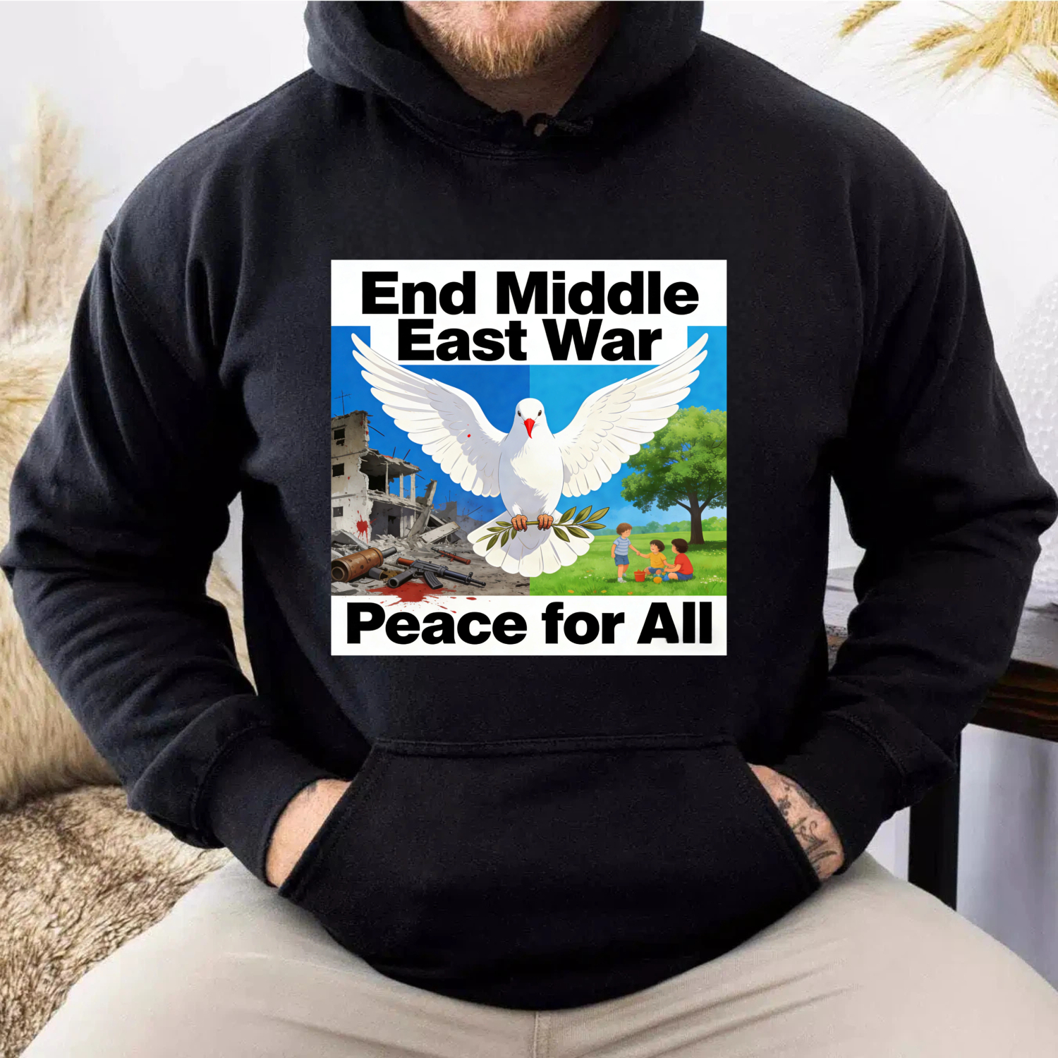 TEECURENT End Middle East War Peace For All Hoodie With Dove And Olive Branch Graphic Design For Peace Advocacy And Awareness
