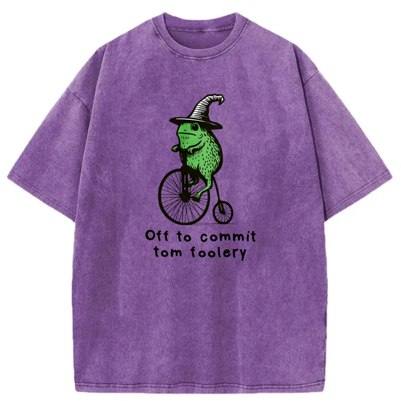 Frog On Bicycle Wearing Hat   Off To Commit Tom Foolery tshirt 100% cotton