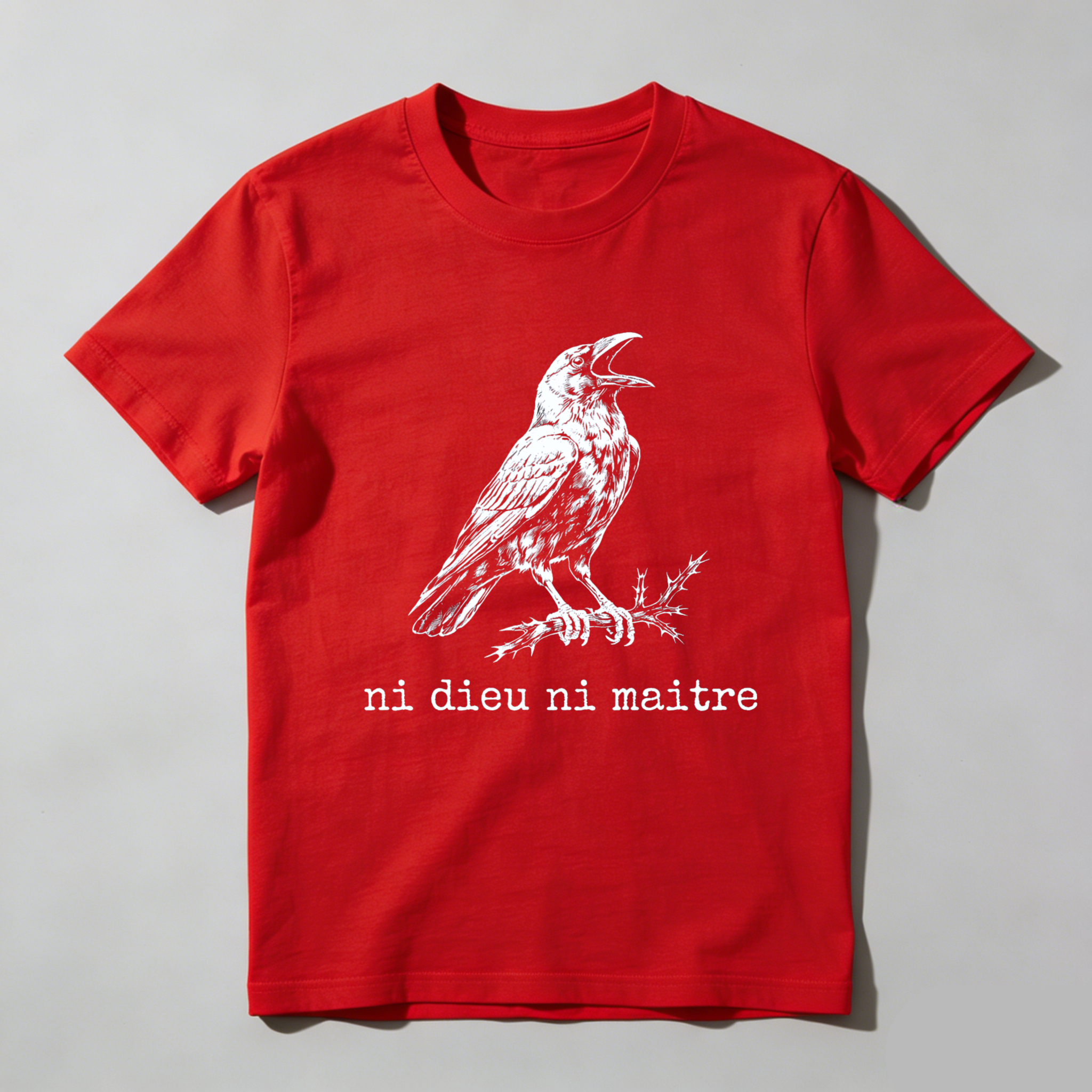 TEECURENTBlack T Shirt With Raven And Ni Dieu Ni Maitre Text For Men And Women-TeeCurent