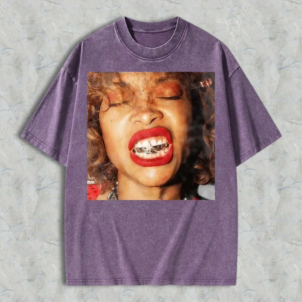 Woman With Red Lipstick And Braces Unisex Washed T-shirt