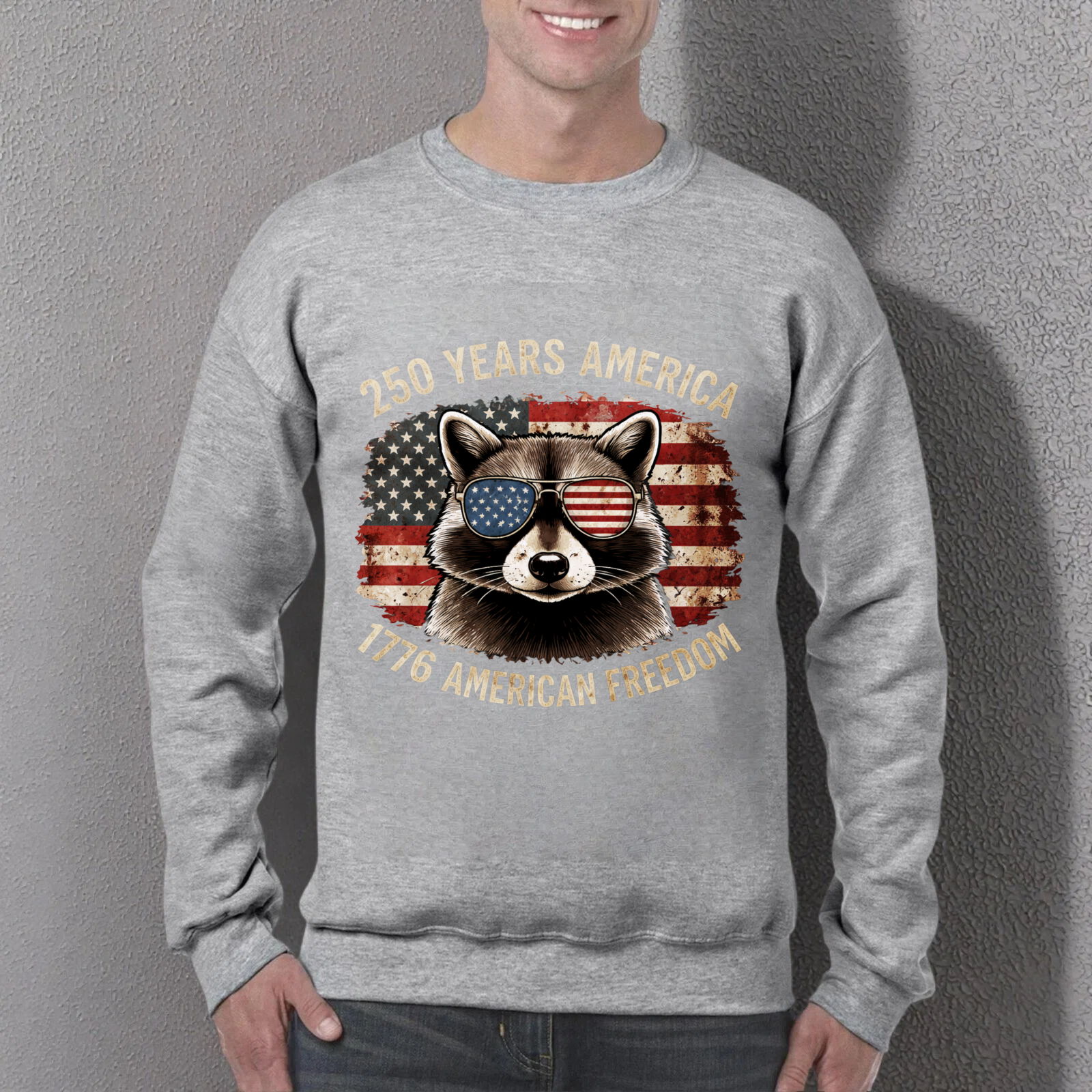 Racoon American Flag Sweatshirt 250 Years America 1776 American Freedom Patriotic Crewneck Pullover Shirt
