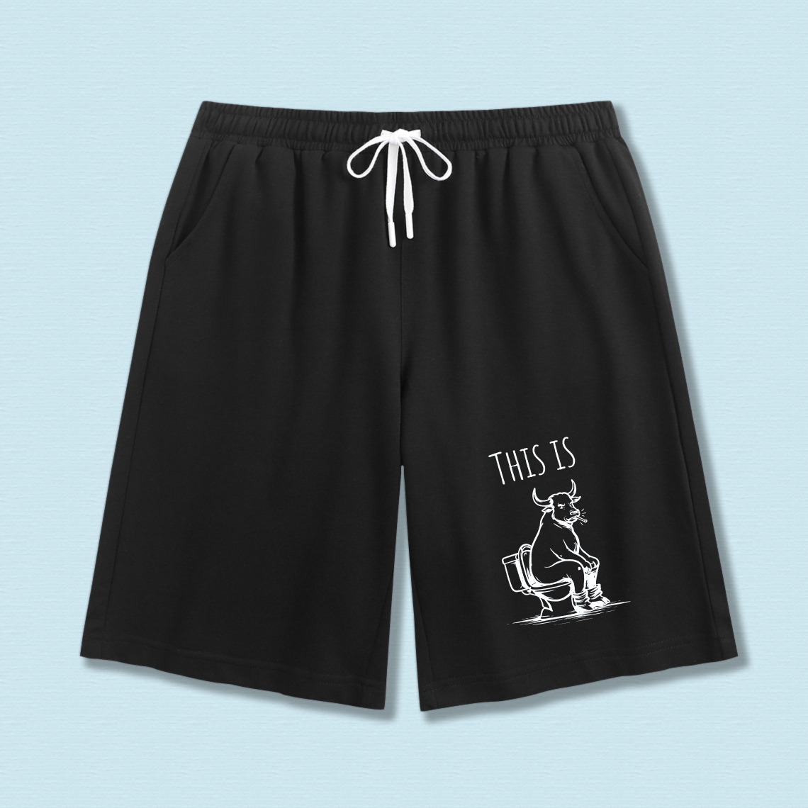 TEECURENT This Is Bull Funny Cow On Toilet Graphic Print Men's Shorts Casual Drawstring Athletic Wear
