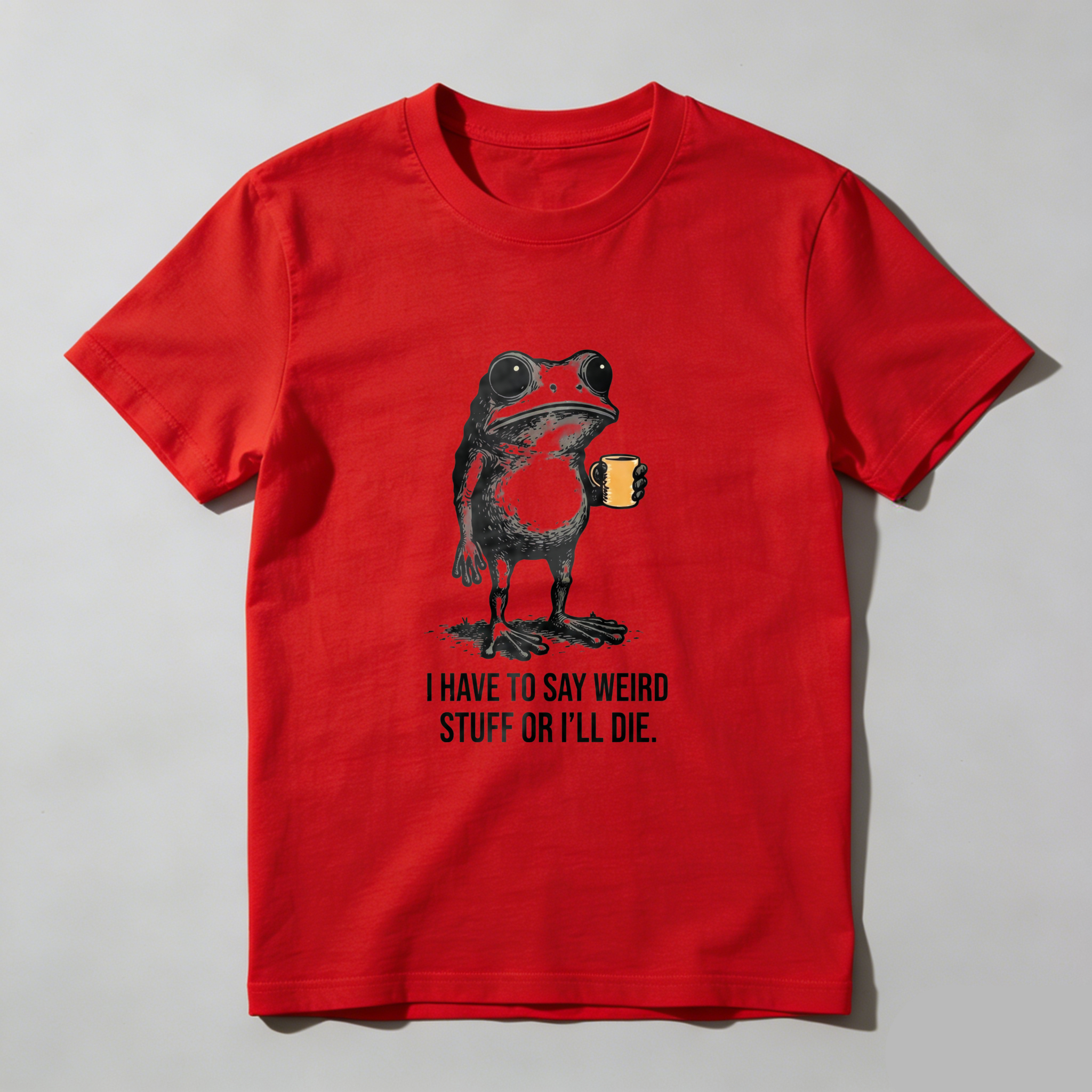 TEECURENT  Frog Holding Mug With Text Pure Cotton Short Sleeve T Shirt- HOT