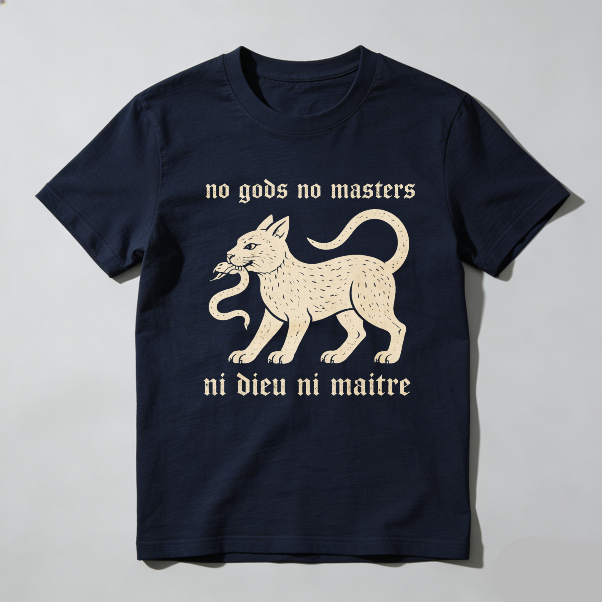 TEECURENTNo Gods No Masters Cat And Snake T Shirt Ni Dieu Ni Maitre Anarchist Statement Black Cotton Tee-TeeCurent
