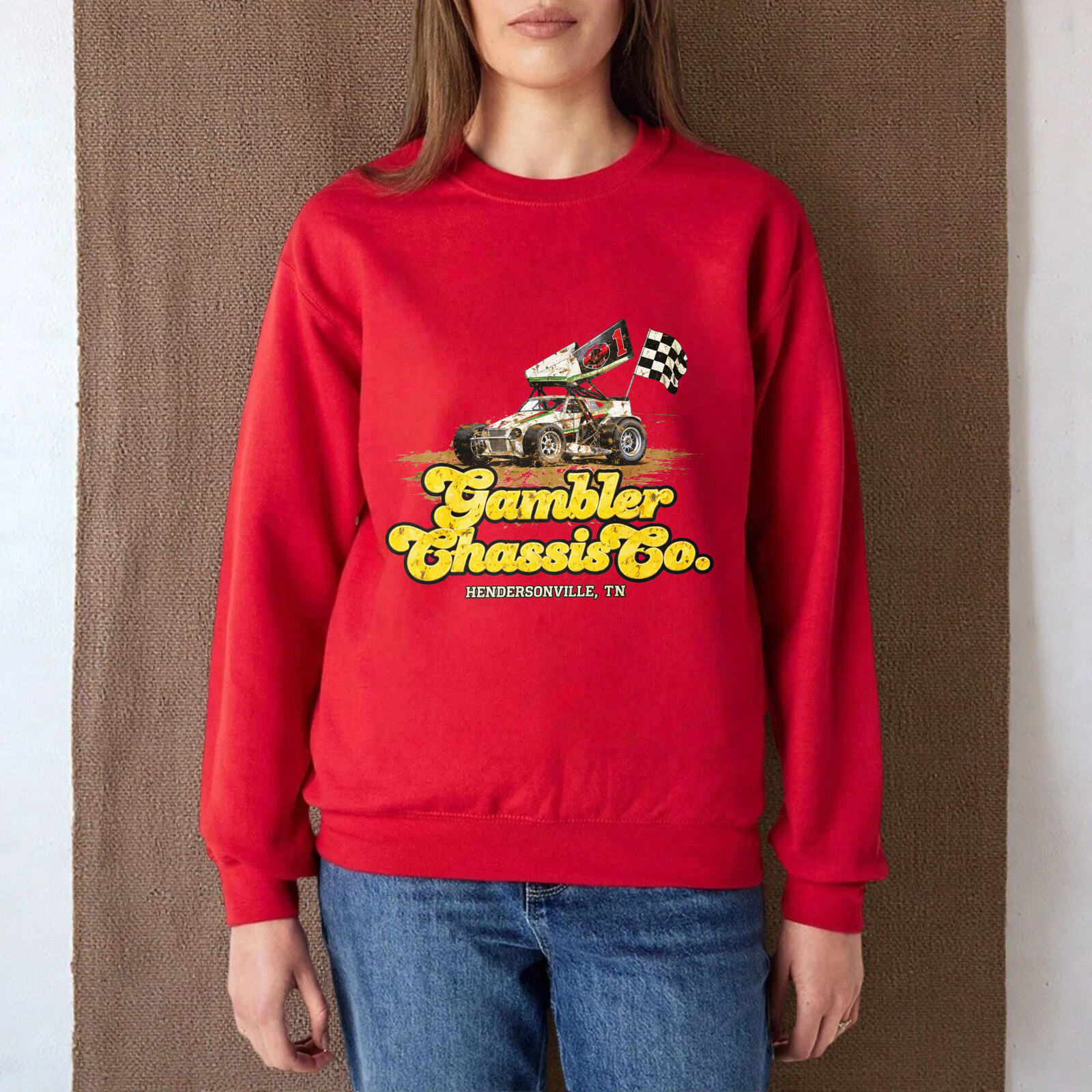 TEECURENT Gambler Chassis Co Racing Car Sweatshirt Hendersonville Tn Vintage Style Graphic Pullover Black Crewneck Long Sleeve Top