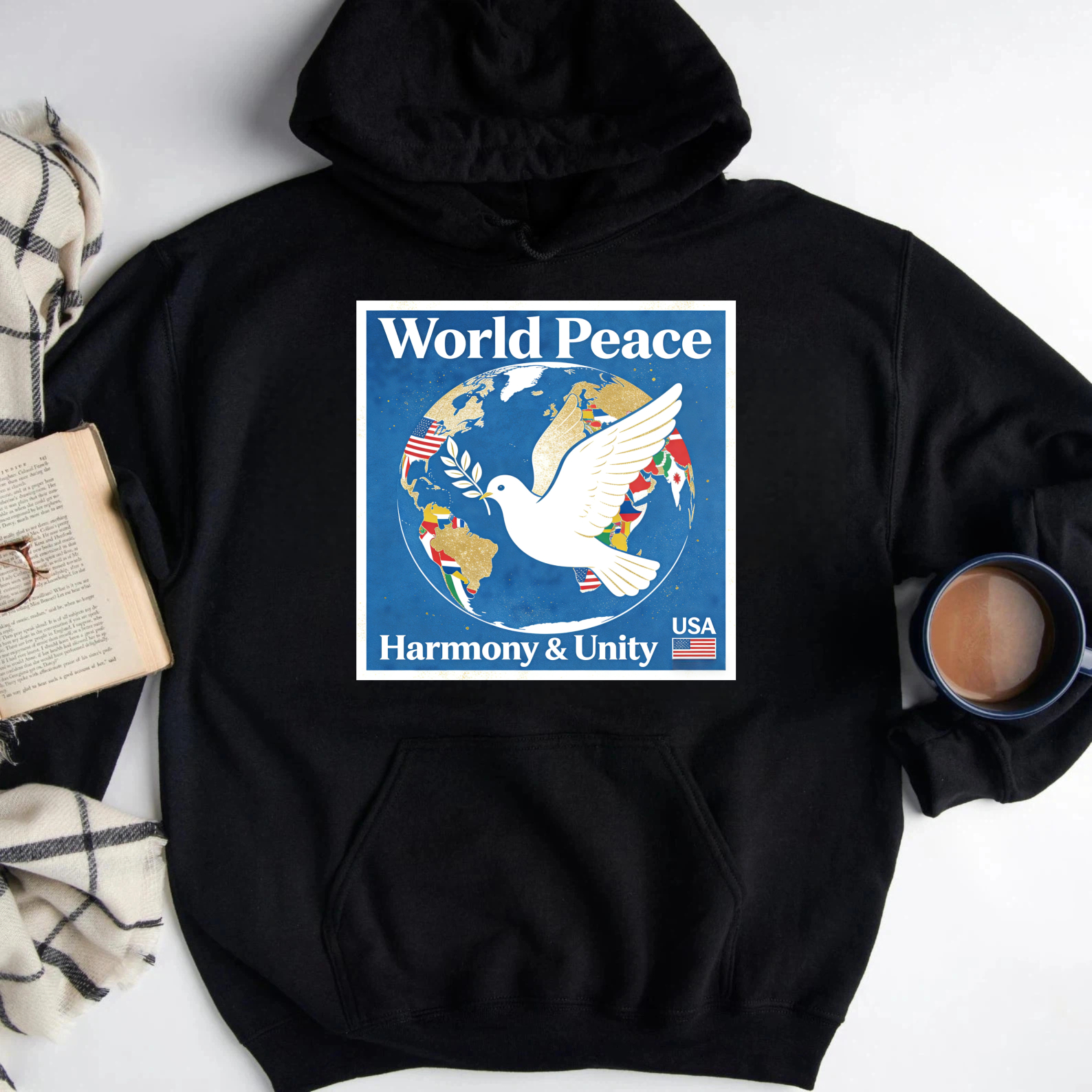 TEECURENT World Peace Harmony And Unity Usa Hoodie Global Dove Design Black Sweatshirt For Men Women Unisex Casual Wear