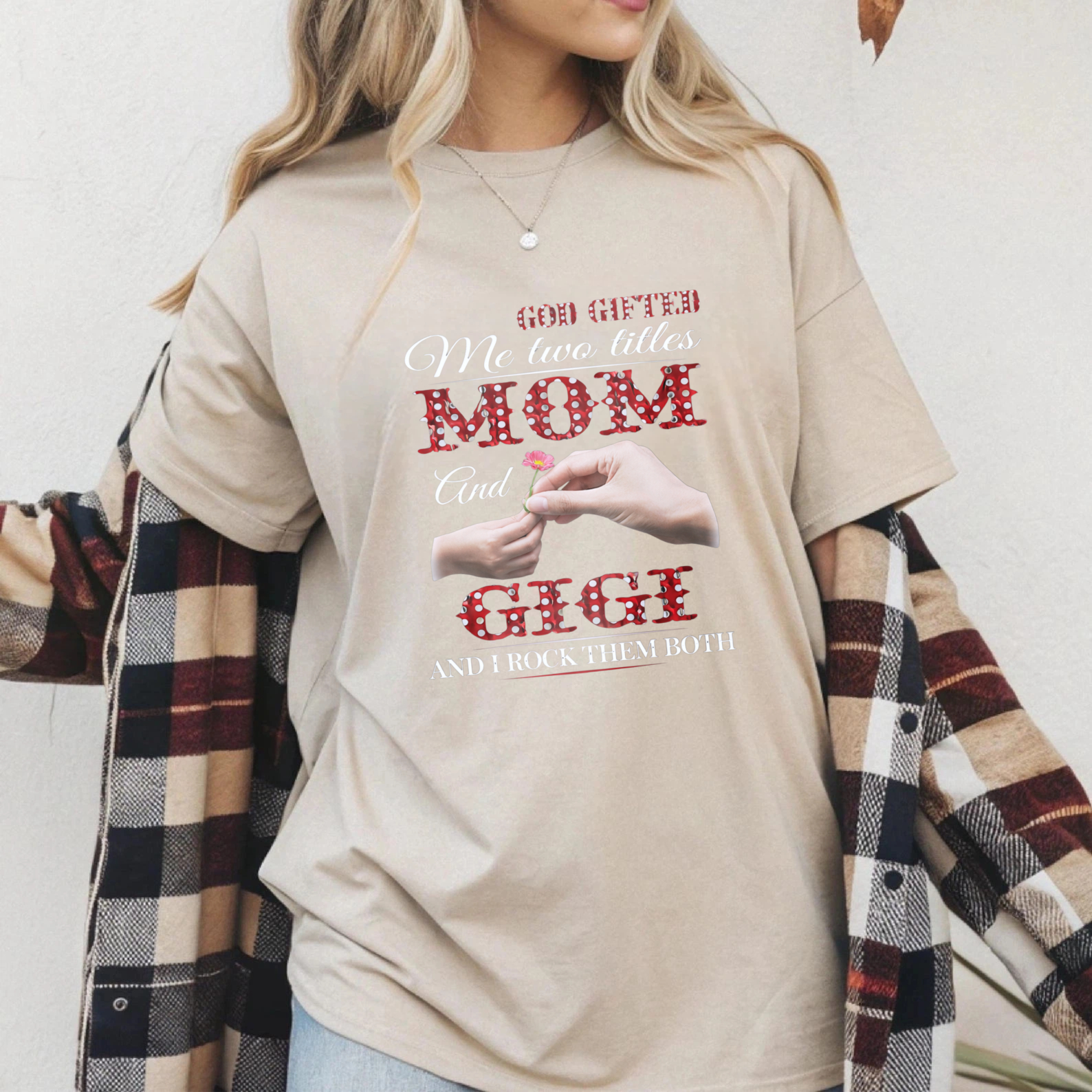 TEECURENT God Gifted Me Two Titles Mom And Gigi And I Rock Them Both T Shirt For Women Mother Grandmother Family Love Gift WOMEN