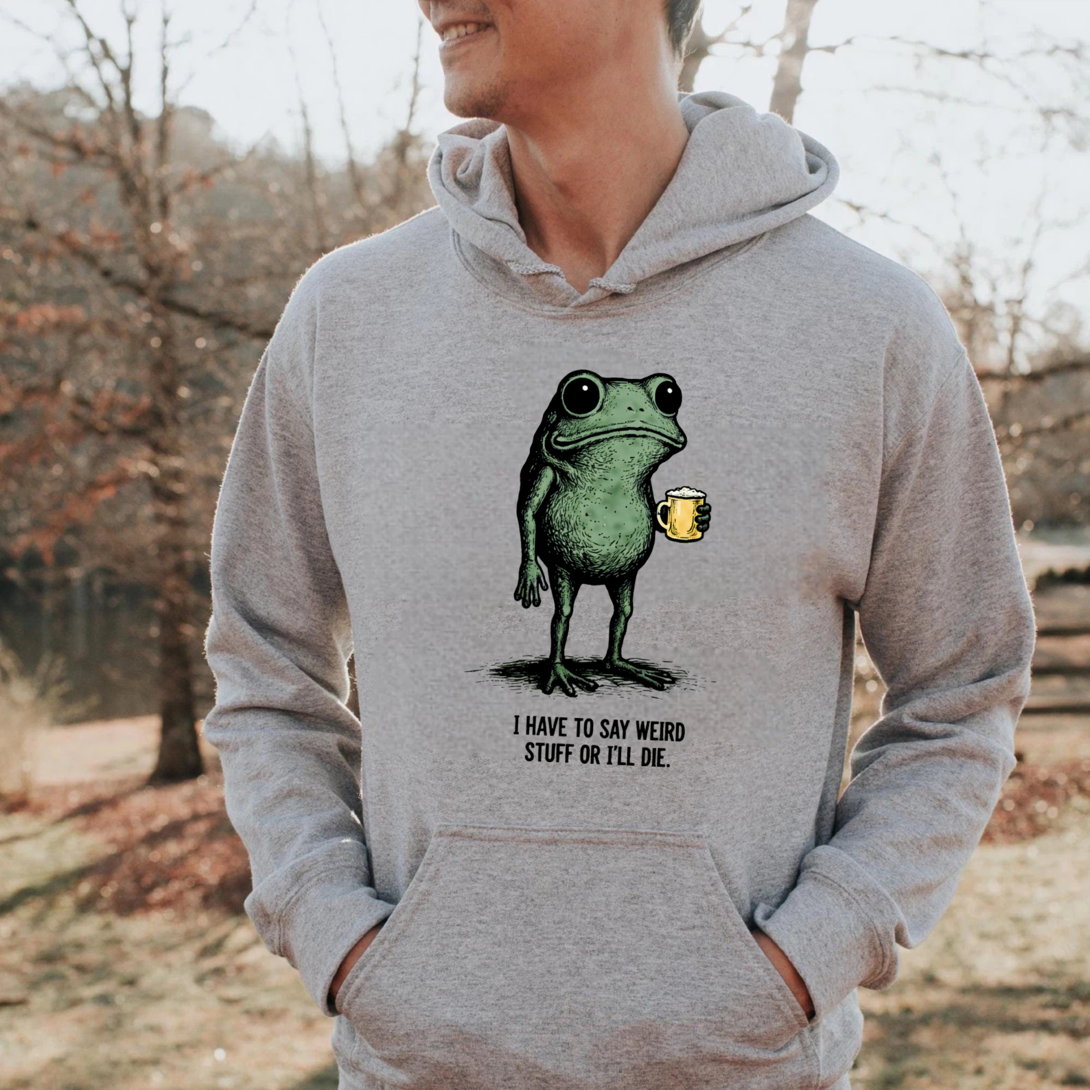 TEECURENT Gildan Frog Holding Beer Hoodie I Have To Say Weird Stuff Or Ill Die Funny Animal Sweatshirt Unisex Casual Wear