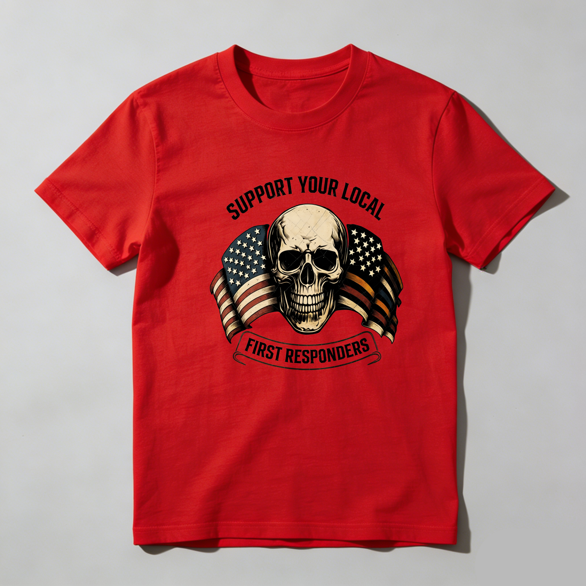 TEECURENT Support Local First Responders Skull Flag Pure Cotton Short Sleeve T Shirt-TeeCurent