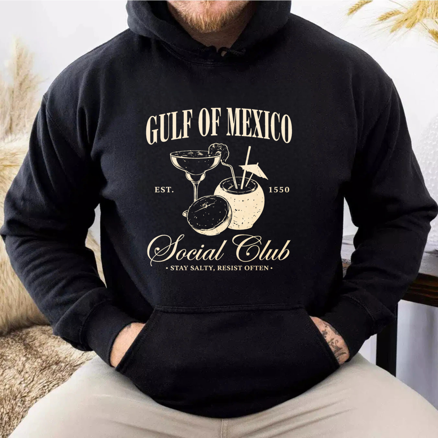 TEECURENT Gildan Gulf Of Mexico Social Club Hoodie Est 1550 Stay Salty Resist Optn Cocktail Design Black Sweatshirt