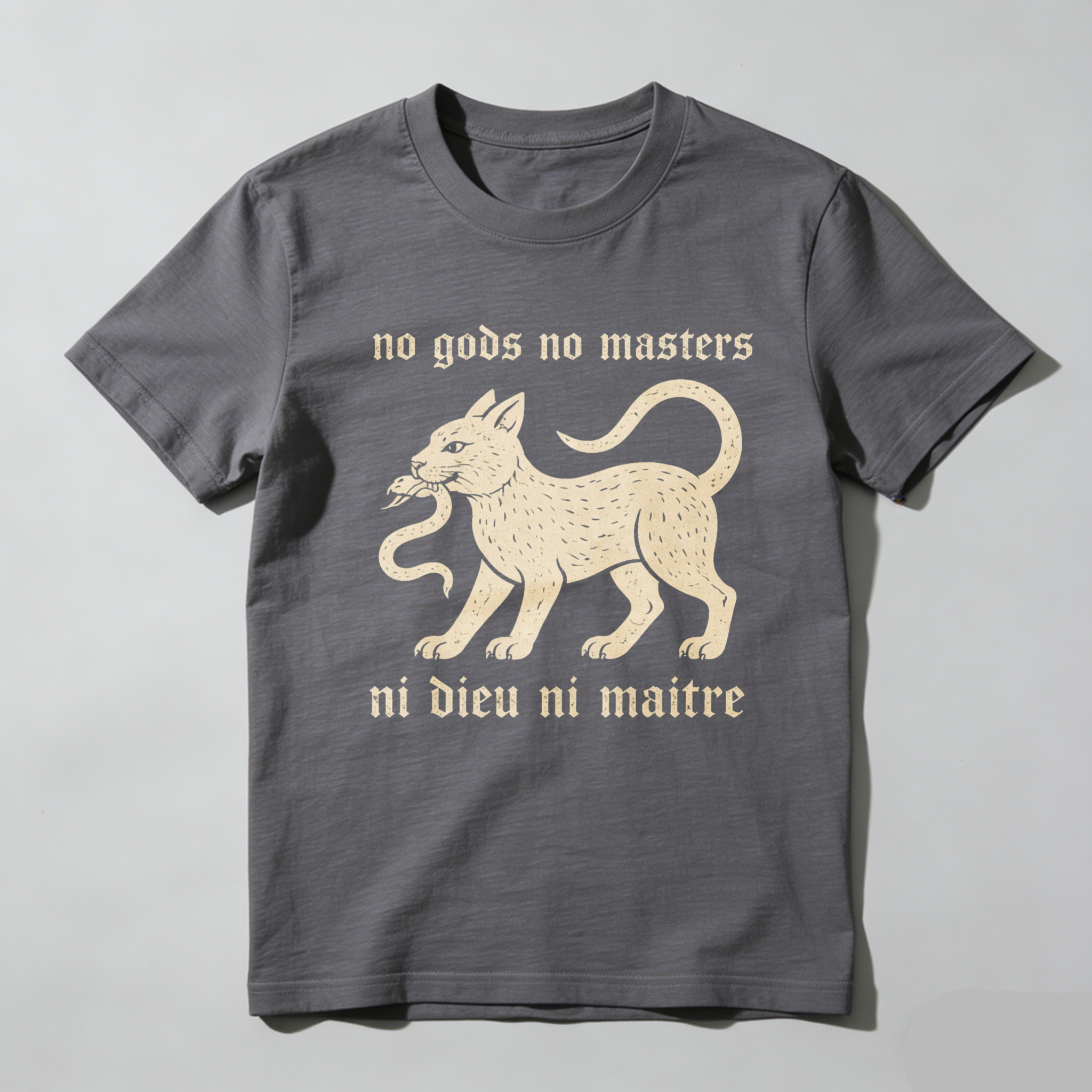 TEECURENTNo Gods No Masters Cat And Snake T Shirt Ni Dieu Ni Maitre Anarchist Statement Black Cotton Tee-TeeCurent