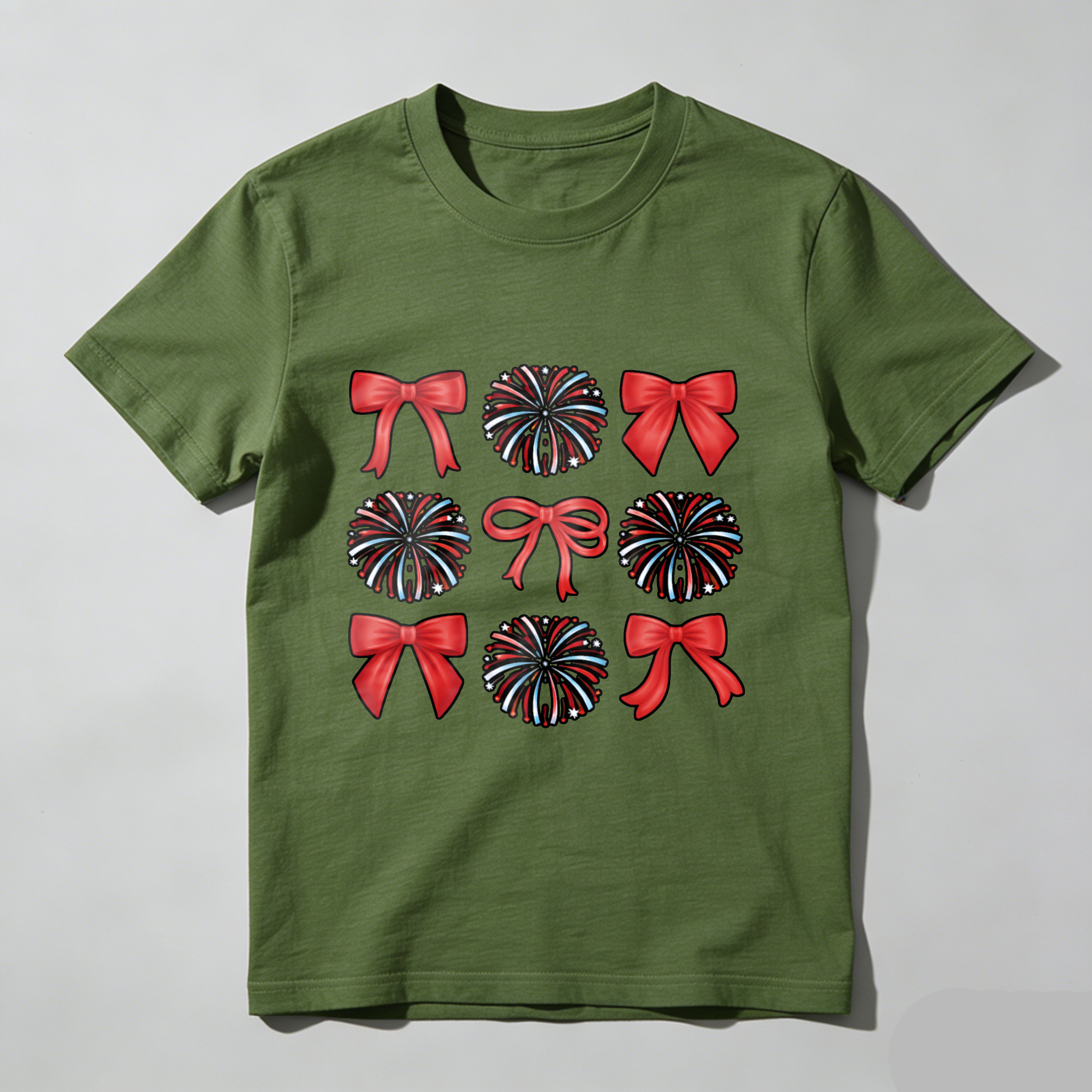 TEECURENT Patriotic Fireworks And Red Bows Design T Shirt For Independence Day Celebration WOMEN