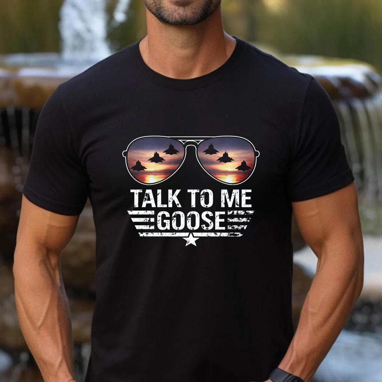 TEECURENT Talk To Me Goose Aviator Sunglasses T-Shirt Top With Jet Fighters Sunset Design For Men And Women
