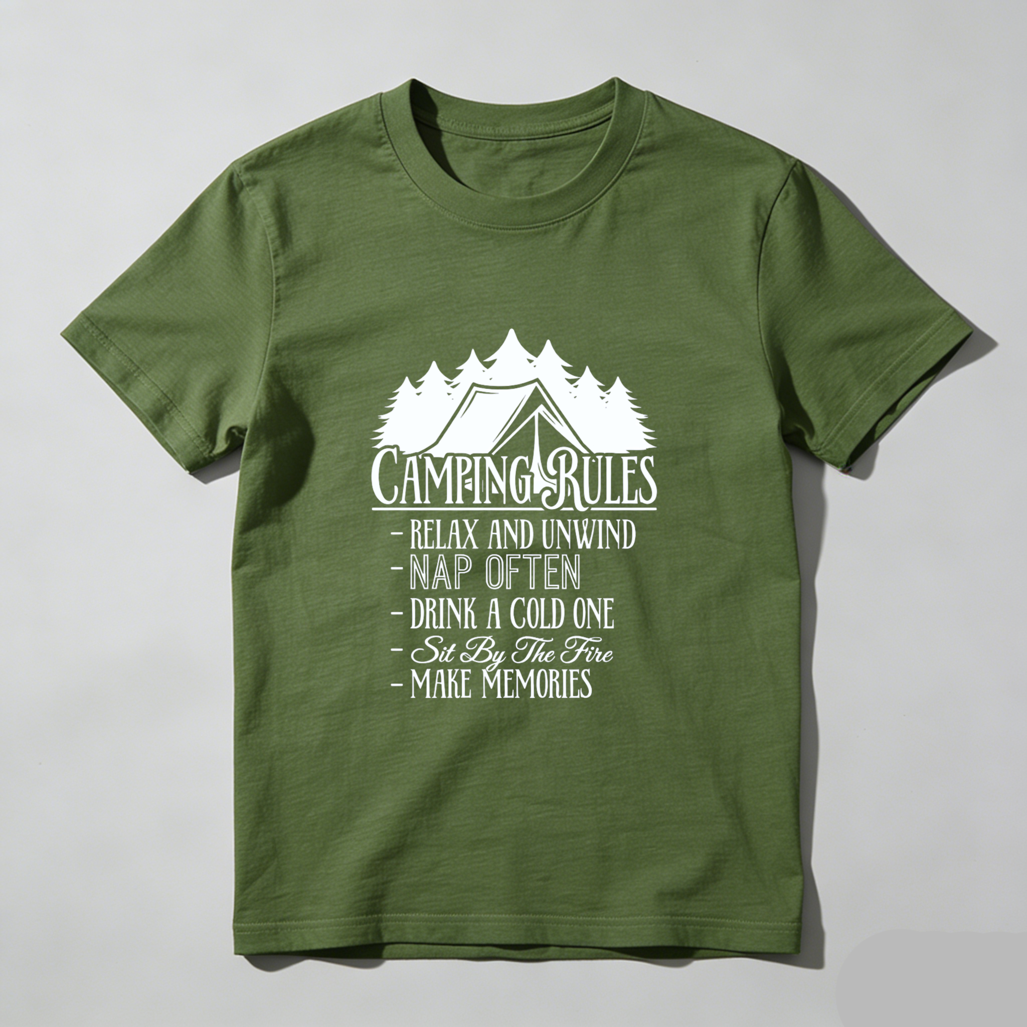 TEECURENT Camping Rules T Shirt Relax And Unwind Nap Often Drink A Cold One Sit By The Fire Make Memories Outdoor Adventure Tee WOMEN