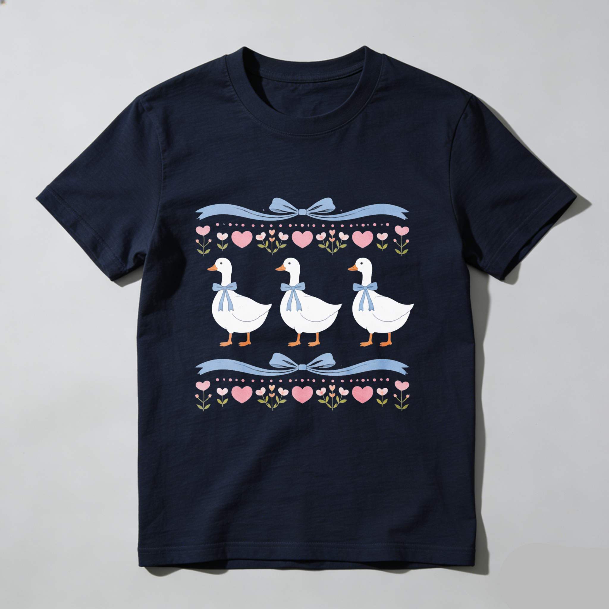 Duck Pattern T Shirt With Hearts And Flowers Design For Women And Men Cute Animal Print Casual Top