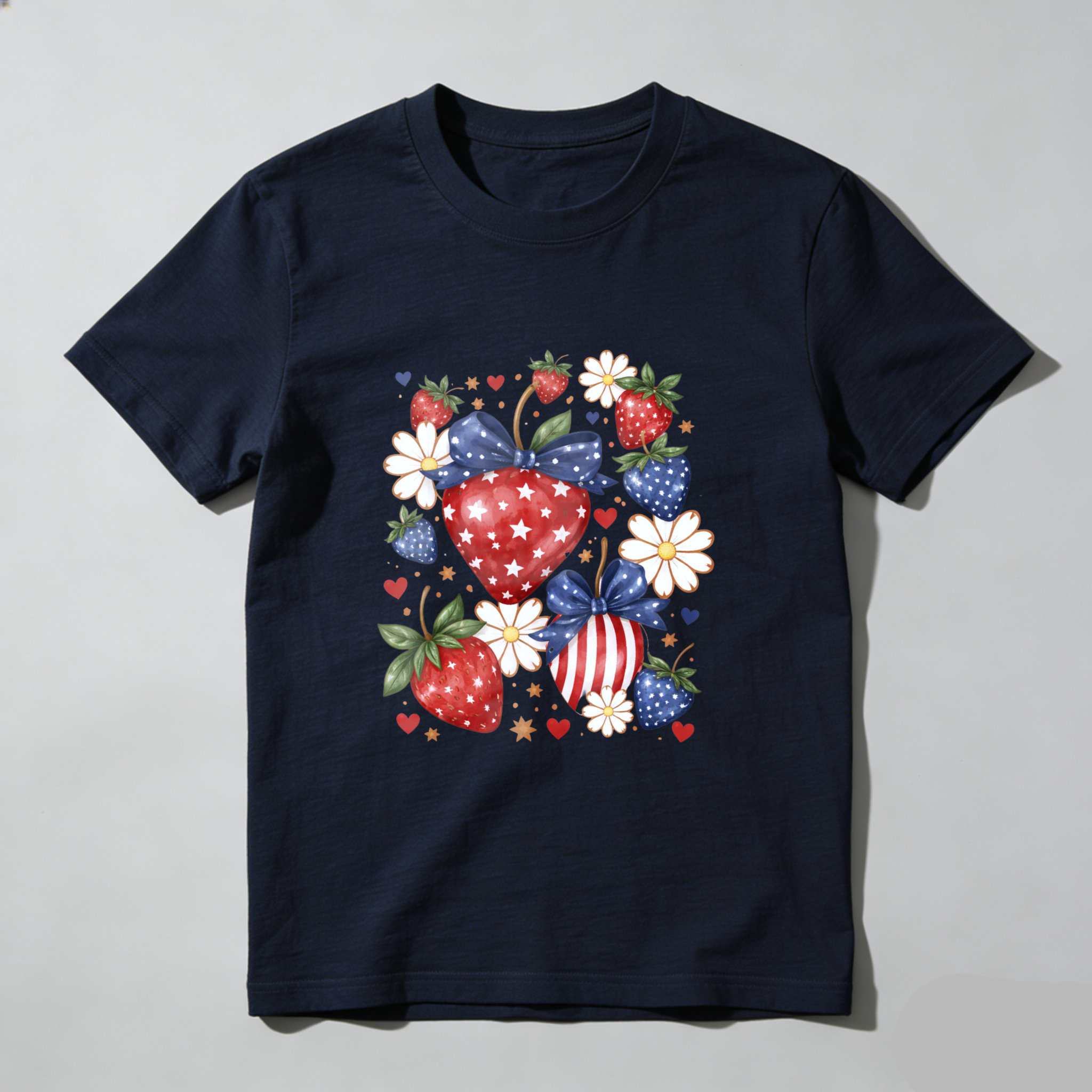 TEECURENT Patriotic Strawberry Heart Design American Flag Theme T Shirt Independence Day Celebration Apparel Red White Blue Stars And Stripes Fruit Pattern Casual Wear For Men Women Unisex Fashion Top WOMEN