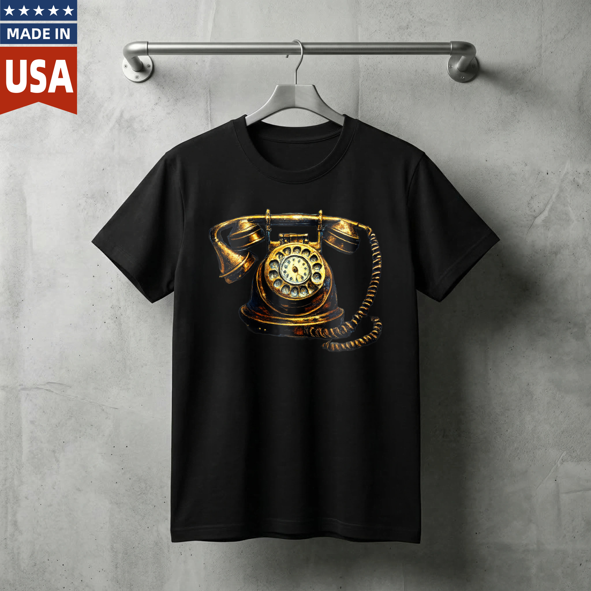 Vintage Rotary Telephone Graphic T-Shirt Made In Usa Black Classic Retro Phone Design Unisex Casual Wear