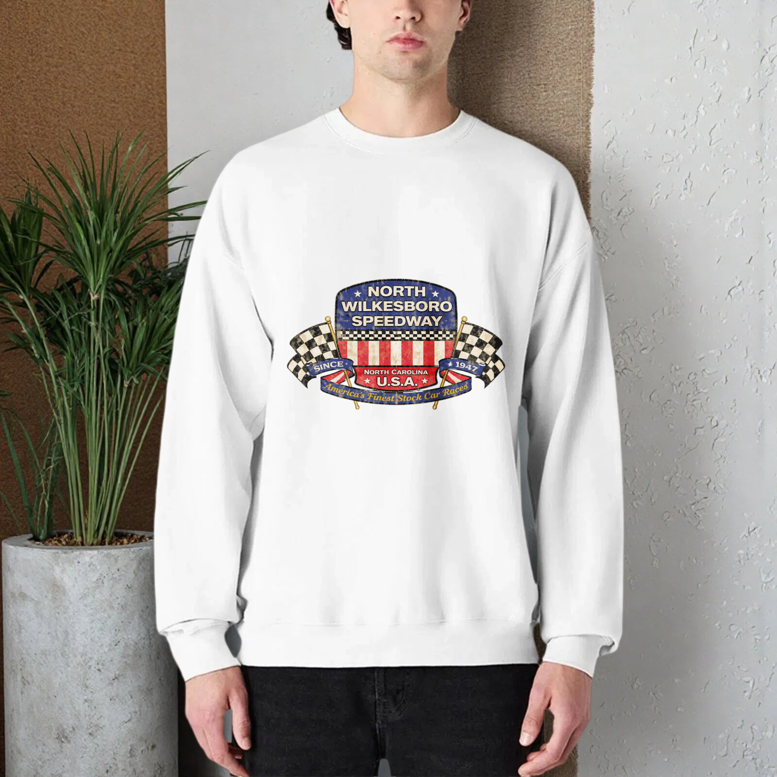 TEECURENT North Wilkesboro Speedway Usa Racing Sweatshirt Black Crewneck Long Sleeve Pullover Shirt