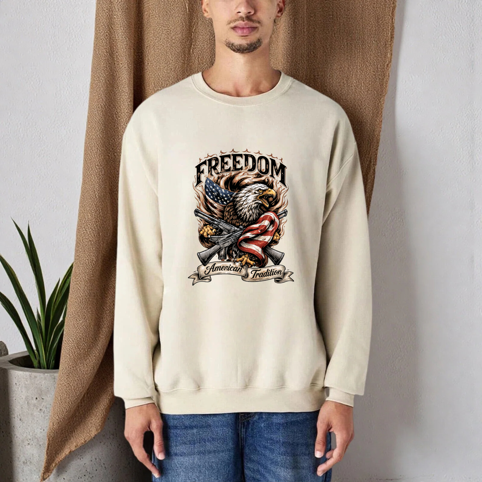 Freedom American Tradition Eagle Flag Sweatshirt Unisex Crewneck Pullover Long Sleeve Casual Top