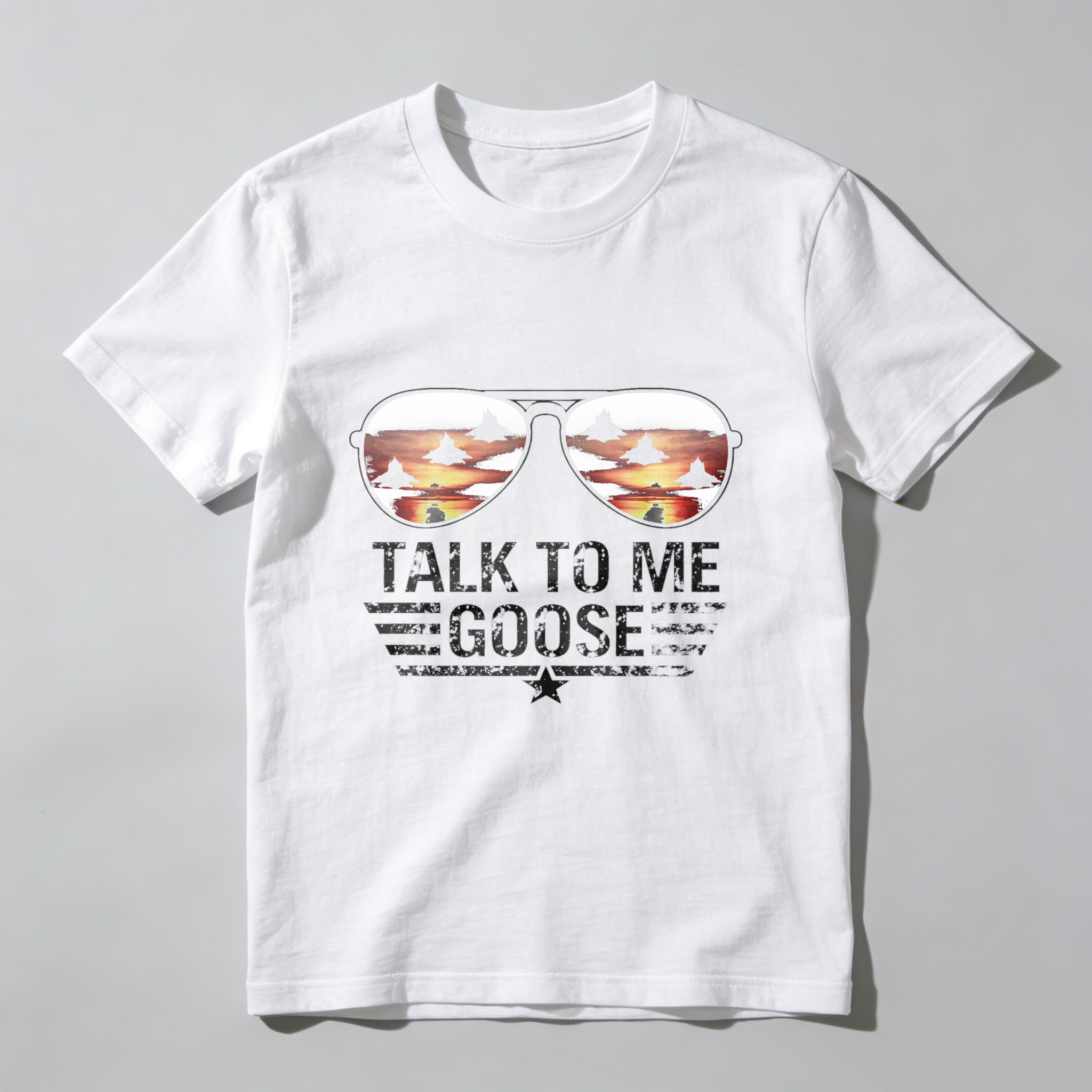 TEECURENT Talk To Me Goose Aviator Sunglasses T-Shirt Top With Jet Fighters Sunset Design For Men And Women