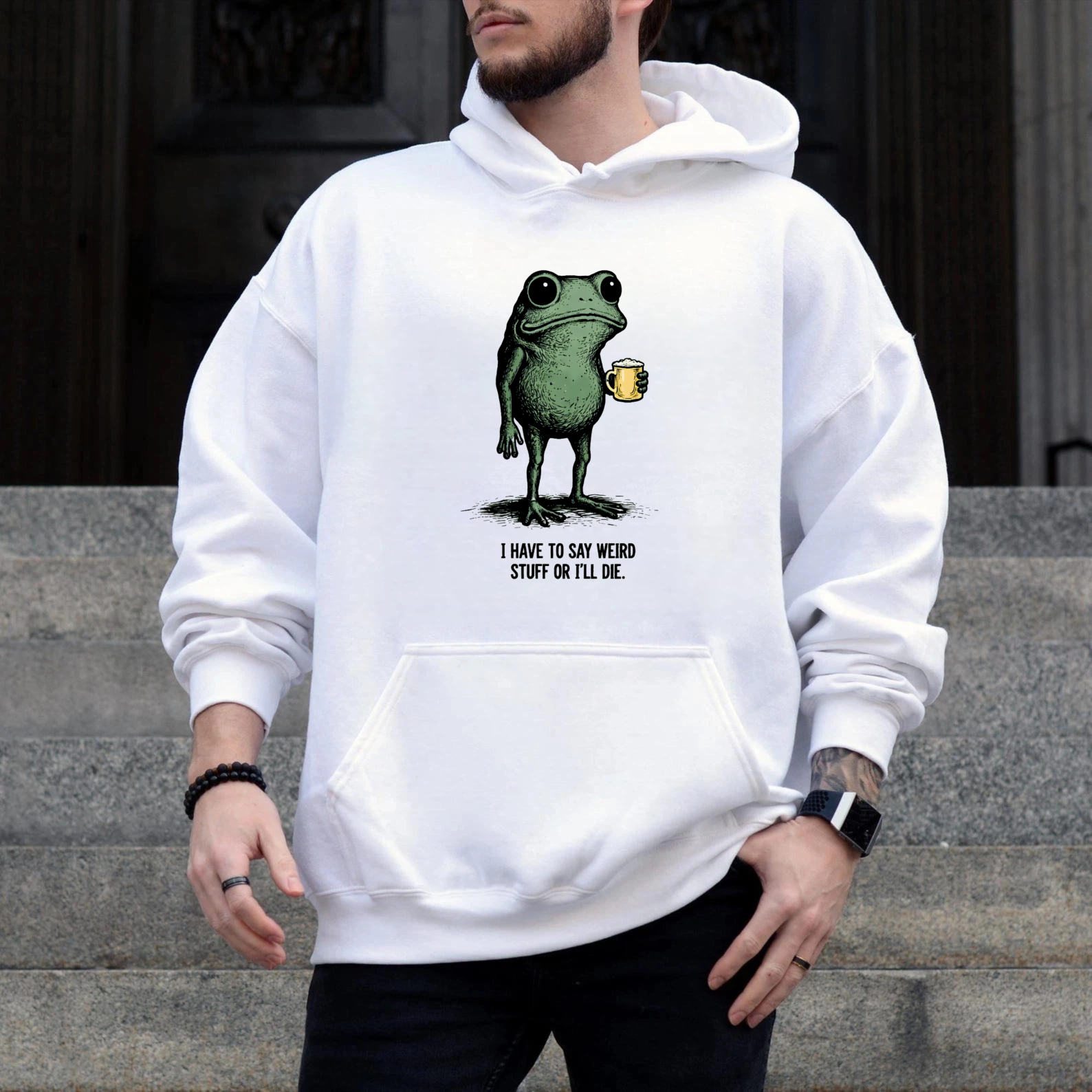 TEECURENT Gildan Frog Holding Beer Hoodie I Have To Say Weird Stuff Or Ill Die Funny Animal Sweatshirt Unisex Casual Wear