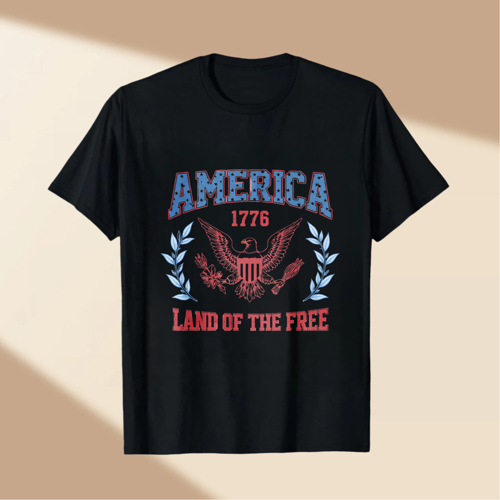 TEECURENT America 1776 Land Of The Free Patriotic Eagle T-Shirt With Laurel Wreath Design For Independence Day And National Pride WOMEN