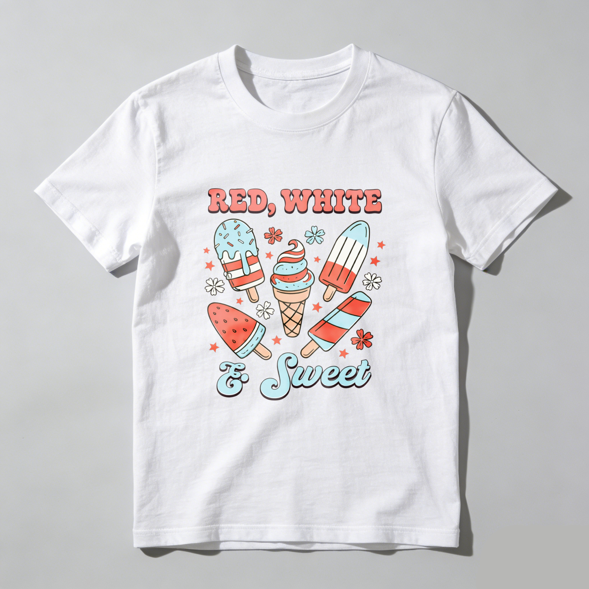 TEECURENT Red White And Sweet Ice Cream Pops Patriotic Summer T Shirt WOMEN