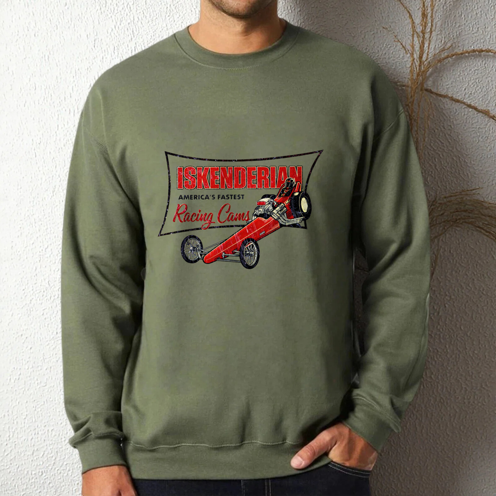 TEECURENT Iskenderian Racing Crew Sweatshirt Black Graphic Print Long Sleeve Pullover Top